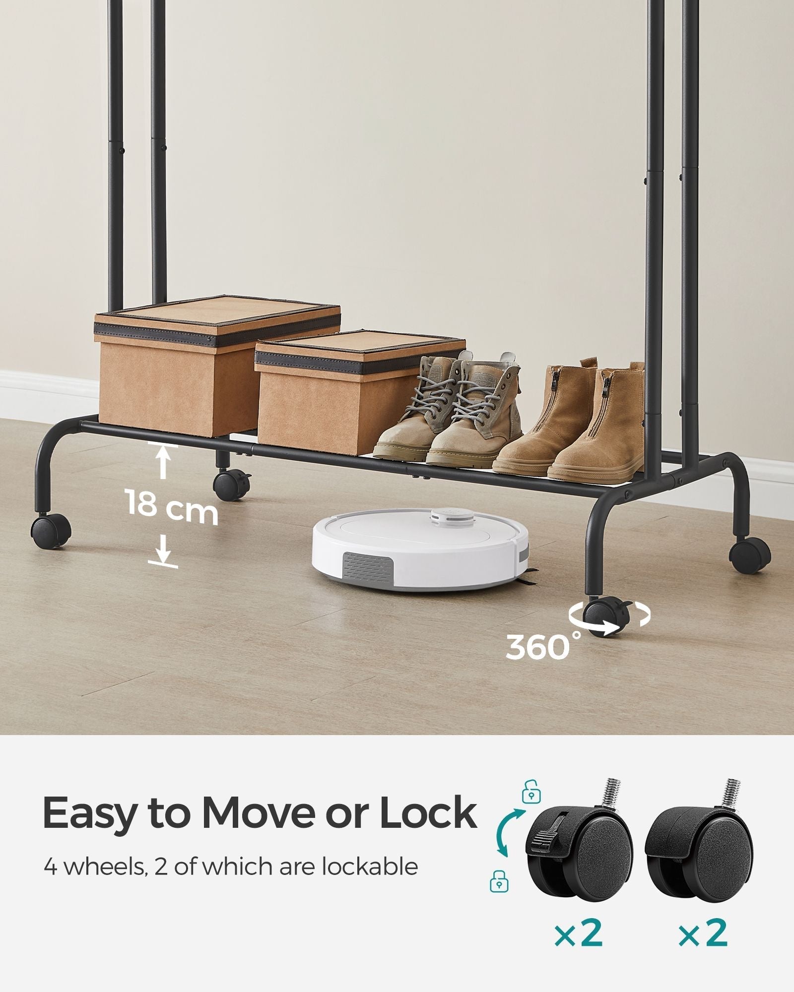 Double-Rail Clothes Rack - Heavy-Duty Metal - Black - Mobile with Shelf