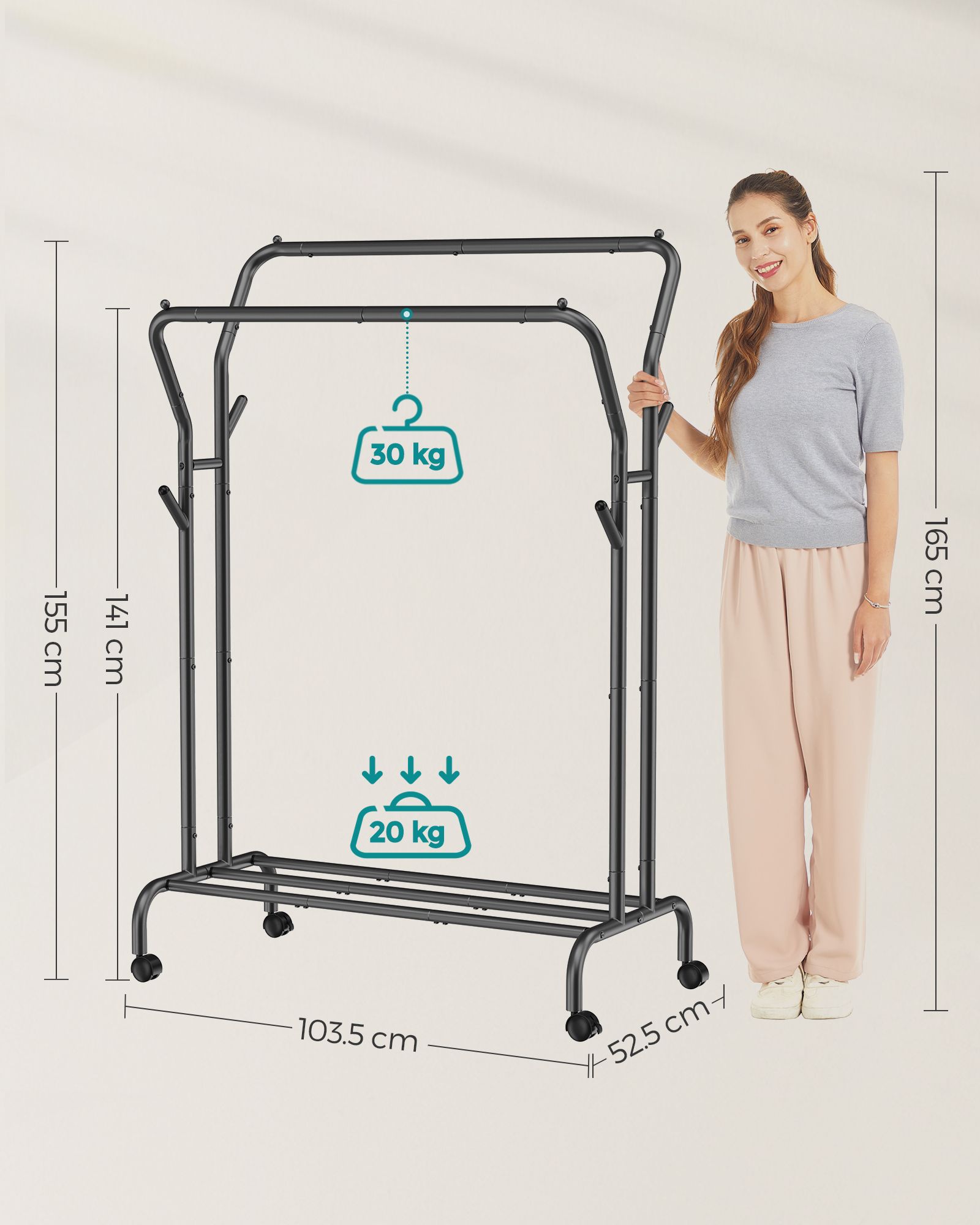 Double-Rail Clothes Rack - Heavy-Duty Metal - Black - Mobile with Shelf