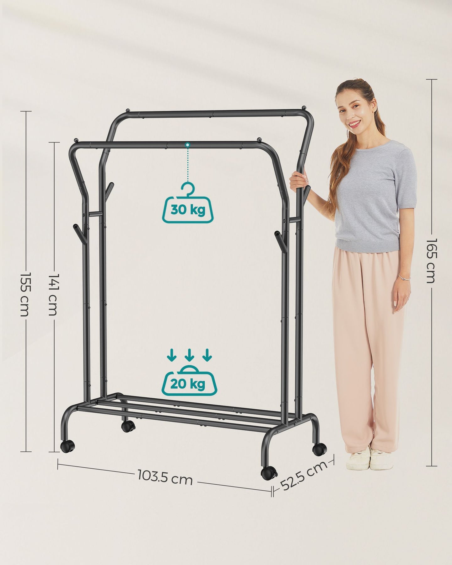 Double-Rail Clothes Rack - Heavy-Duty Metal - Black - Mobile with Shelf