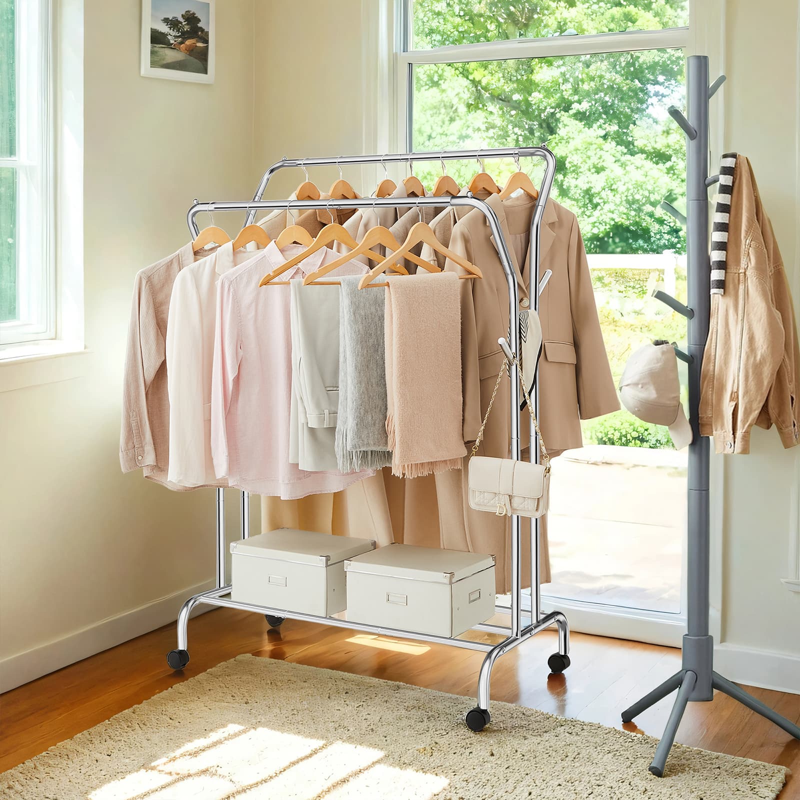 Clothing Rack - Metal - Black - Double-Rod with Wheels and Shelf