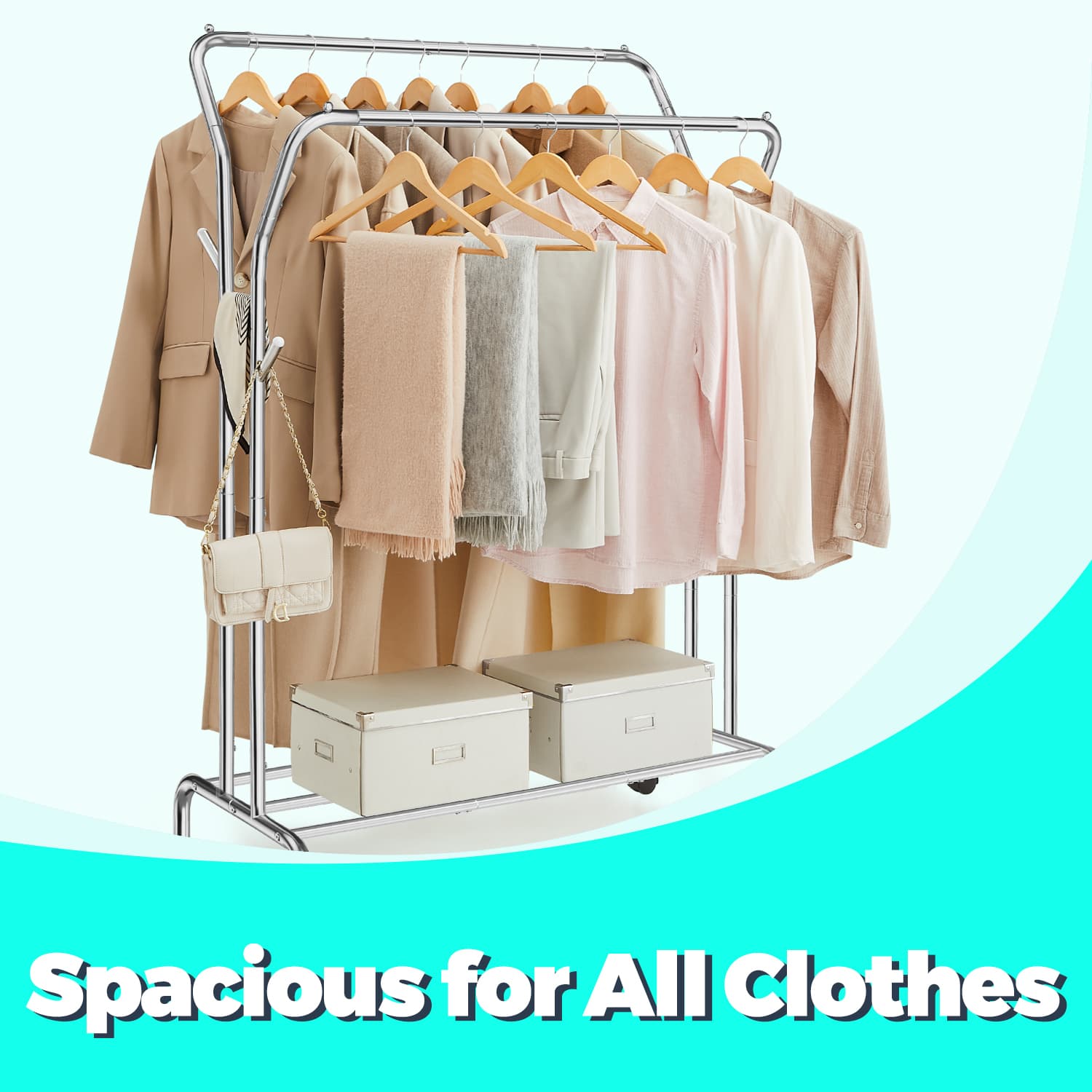 Clothing Rack - Metal - Black - Double-Rod with Wheels and Shelf