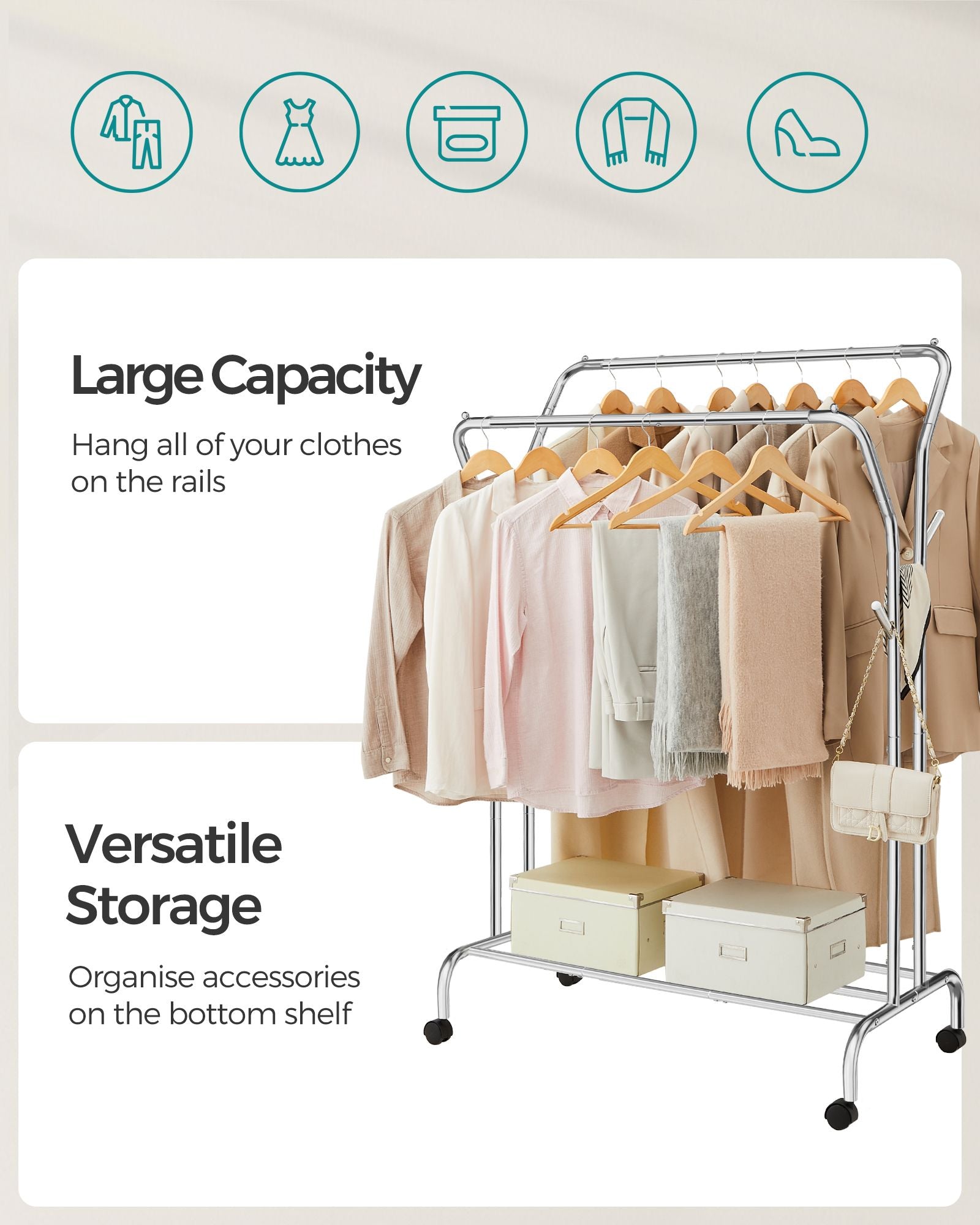 Double-Rod Clothes Rail - Metal - Silver - Mobile with Shelf