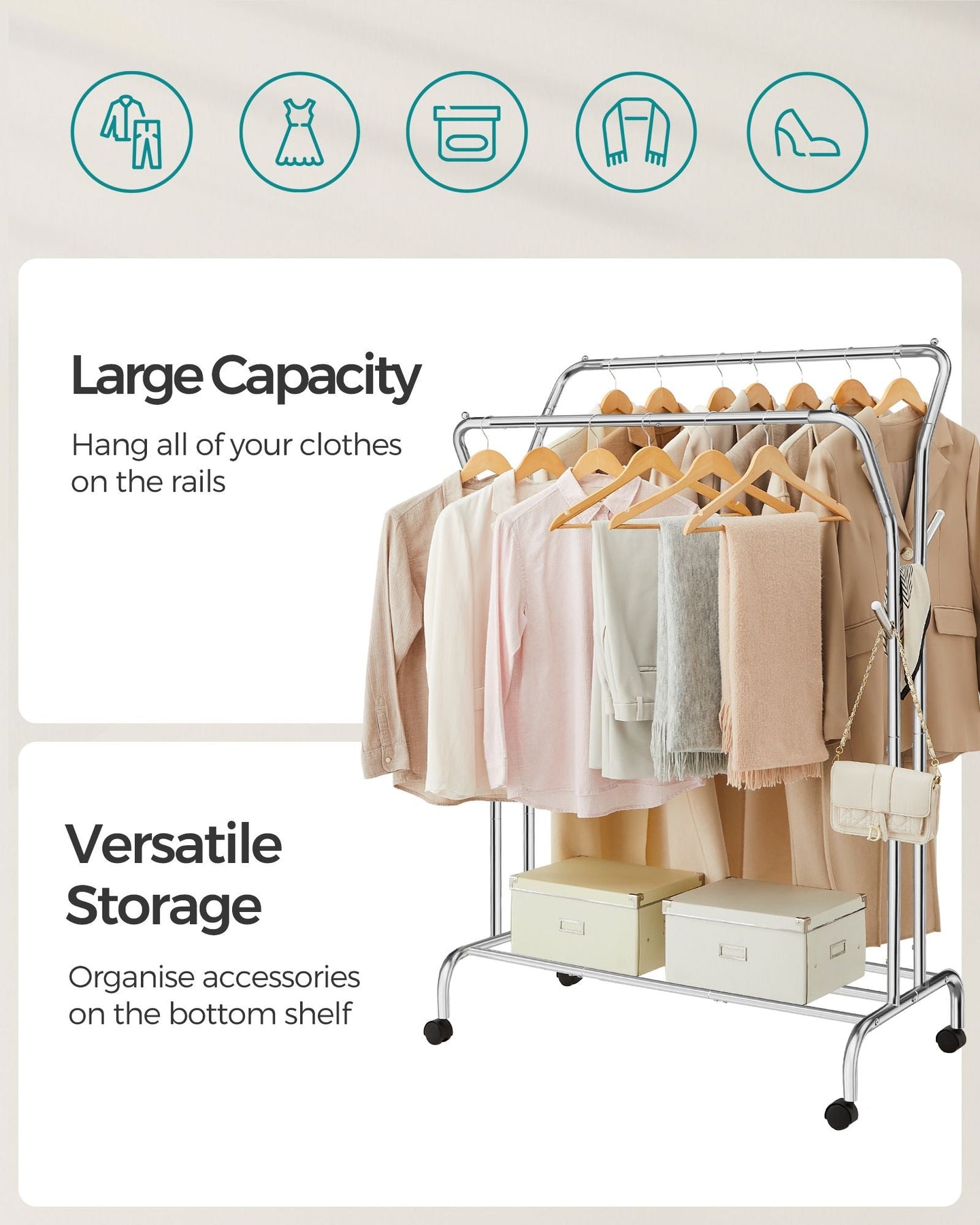 Double-Rod Clothes Rail - Metal - Silver - Mobile with Shelf