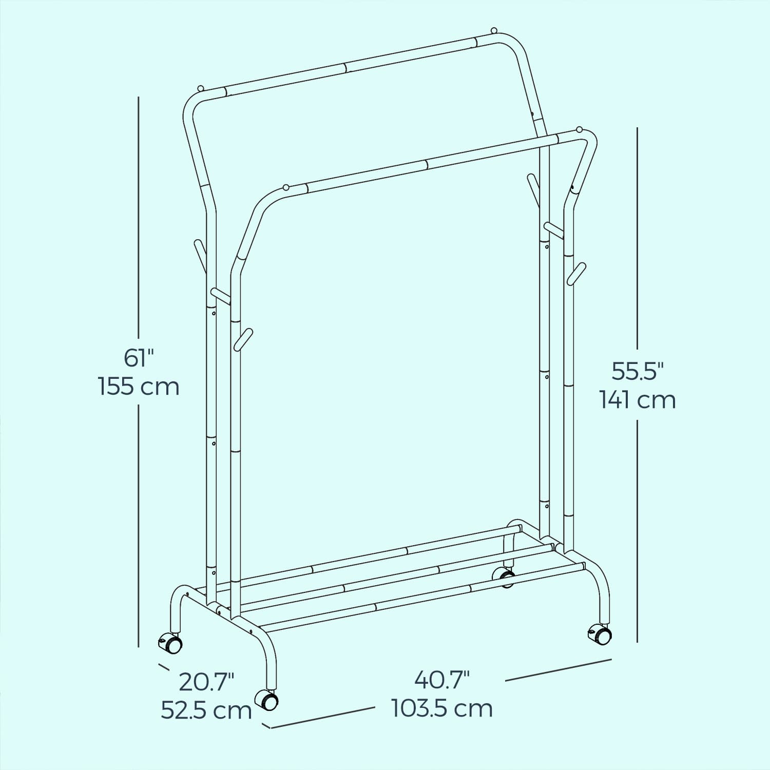 Clothing Rack - Metal - Black - Double-Rod with Wheels and Shelf