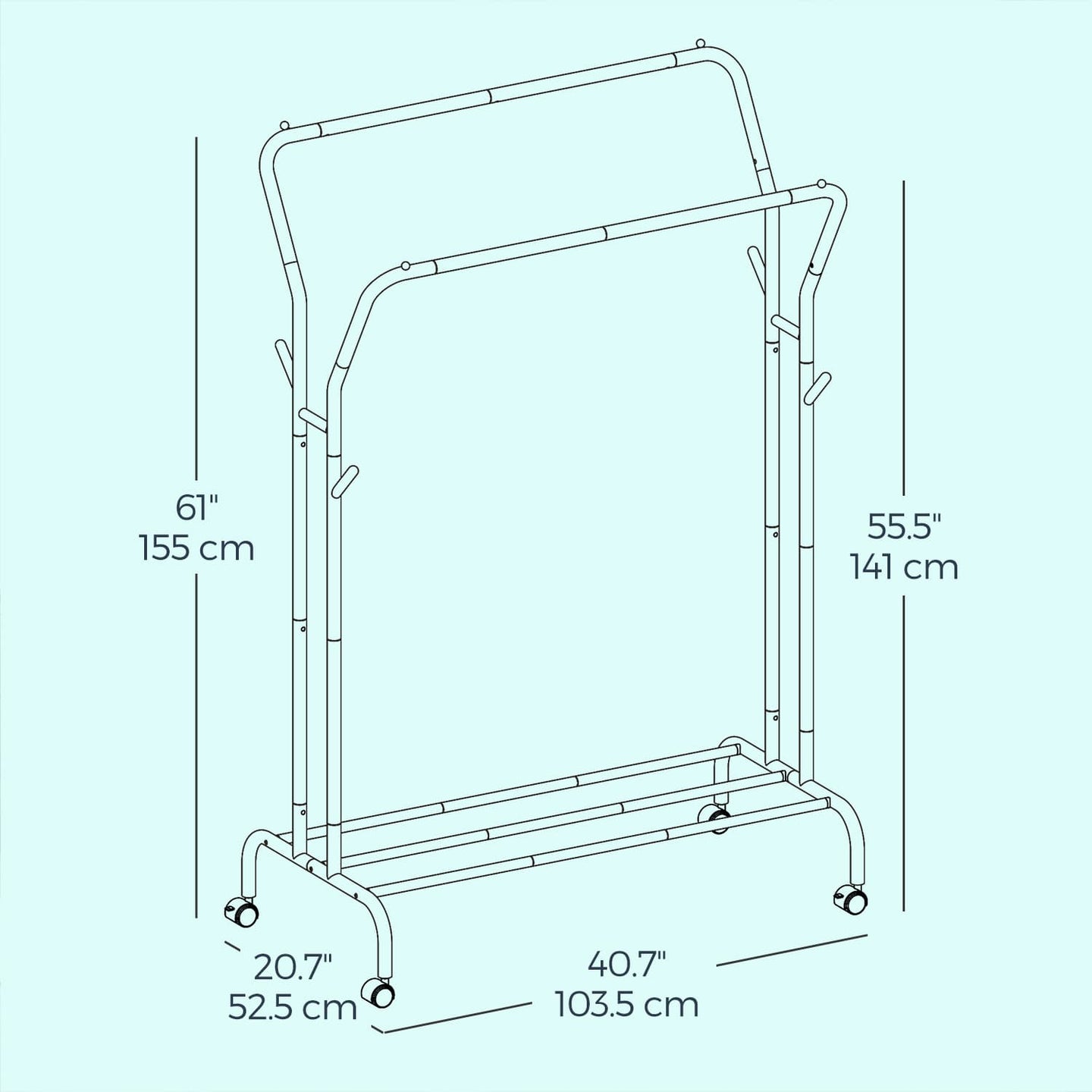 Clothing Rack - Metal - Black - Double-Rod with Wheels and Shelf