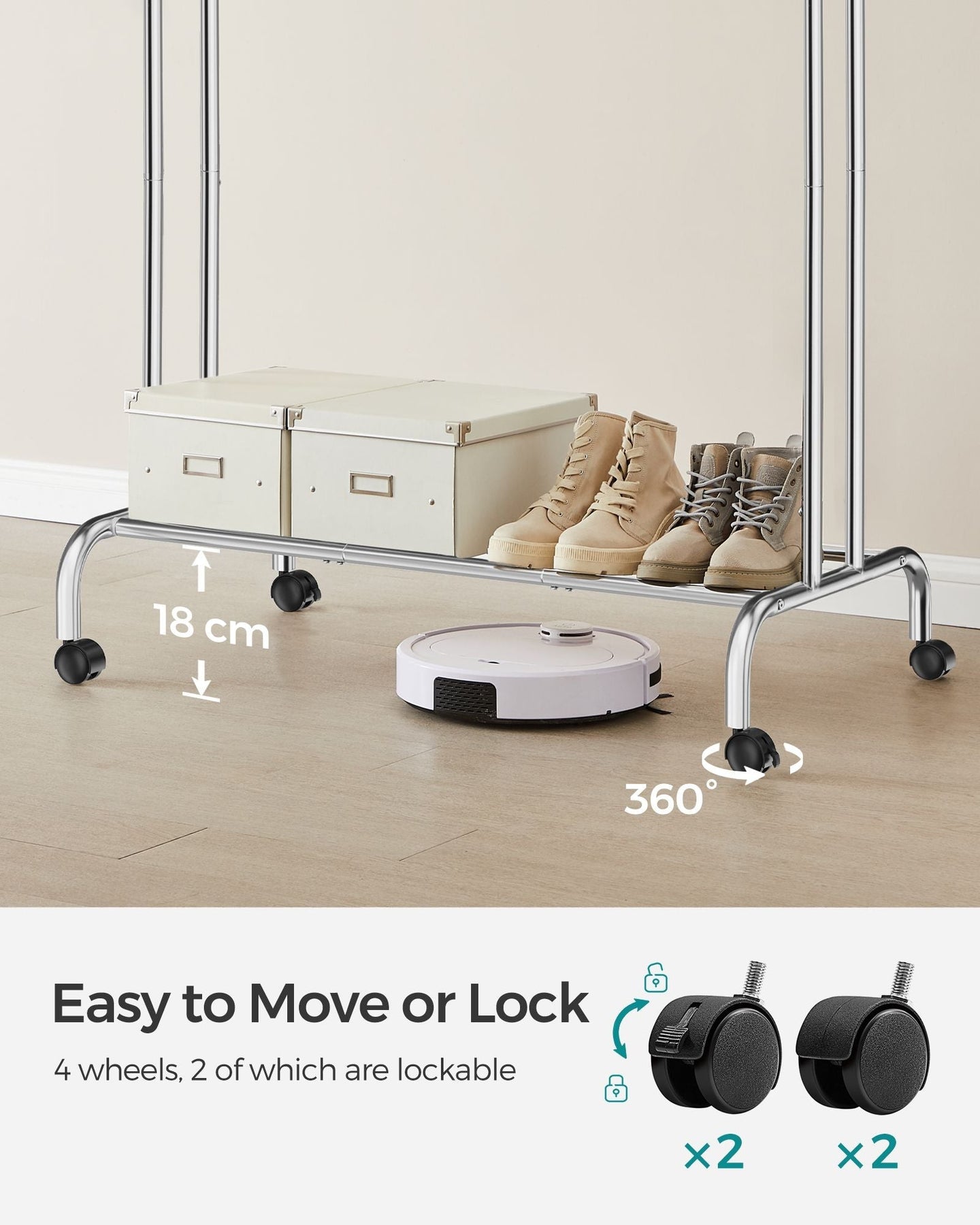 Double-Rod Clothes Rail - Metal - Silver - Mobile with Shelf
