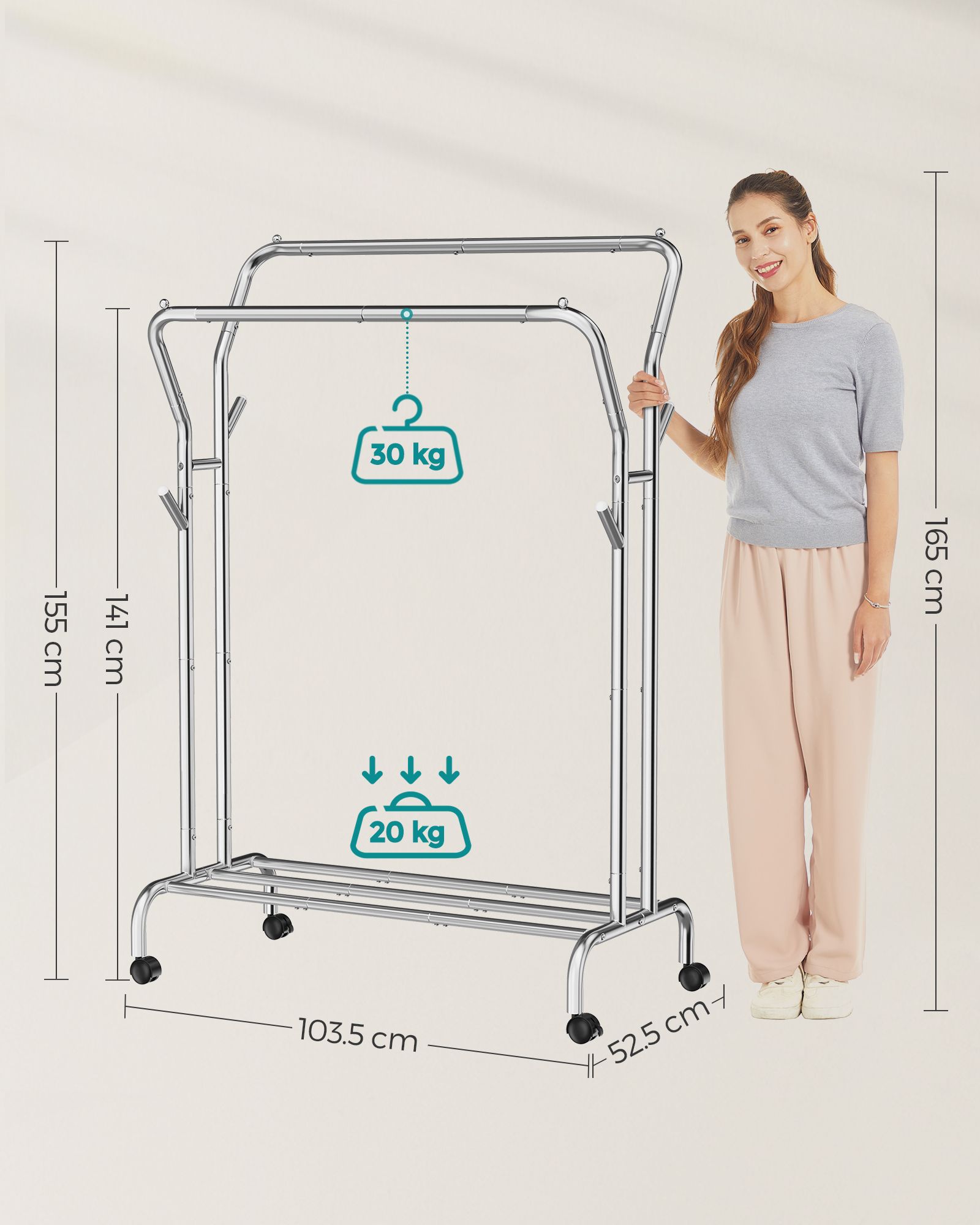 Double-Rod Clothes Rail - Metal - Silver - Mobile with Shelf
