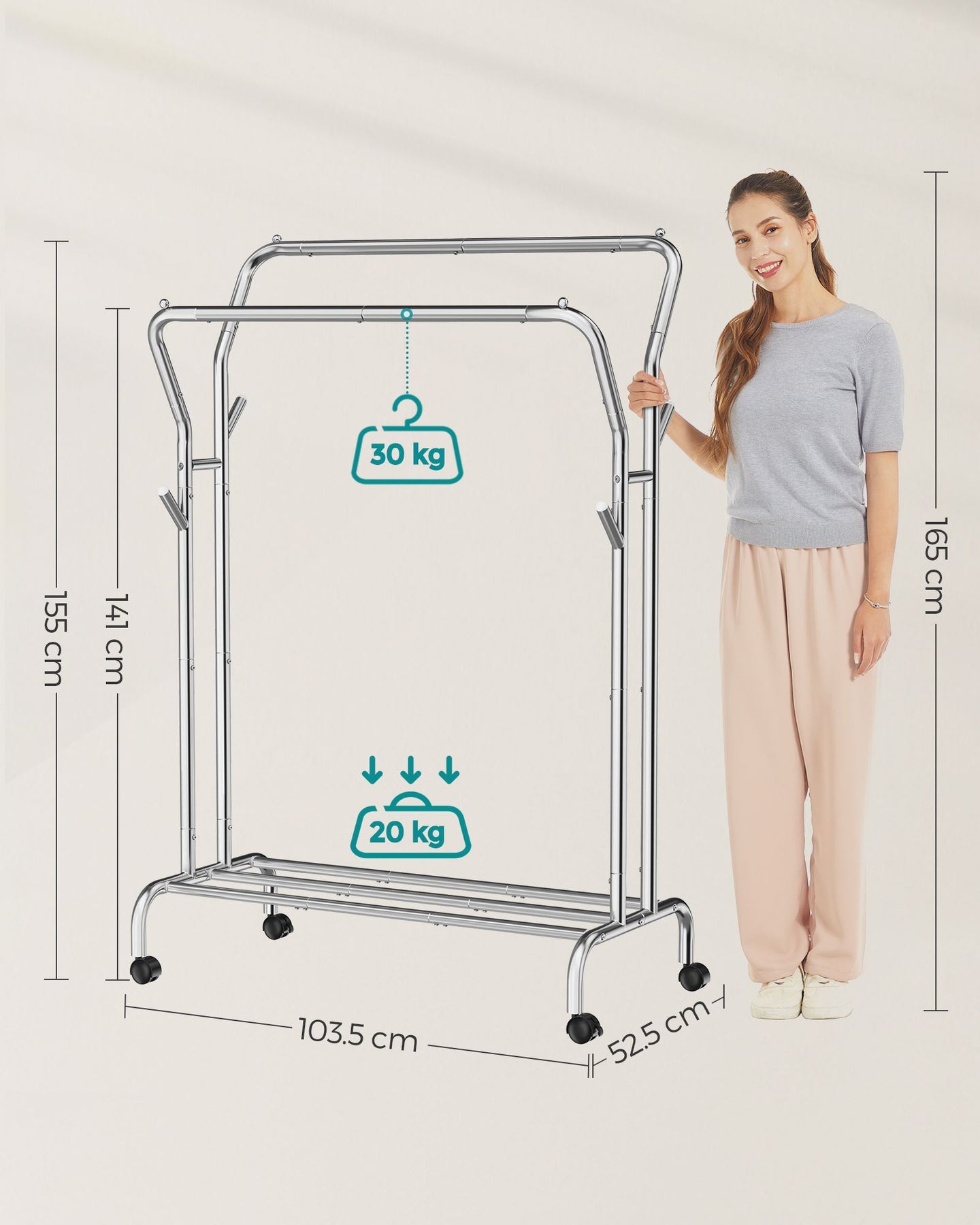 Double-Rod Clothes Rail - Metal - Silver - Mobile with Shelf