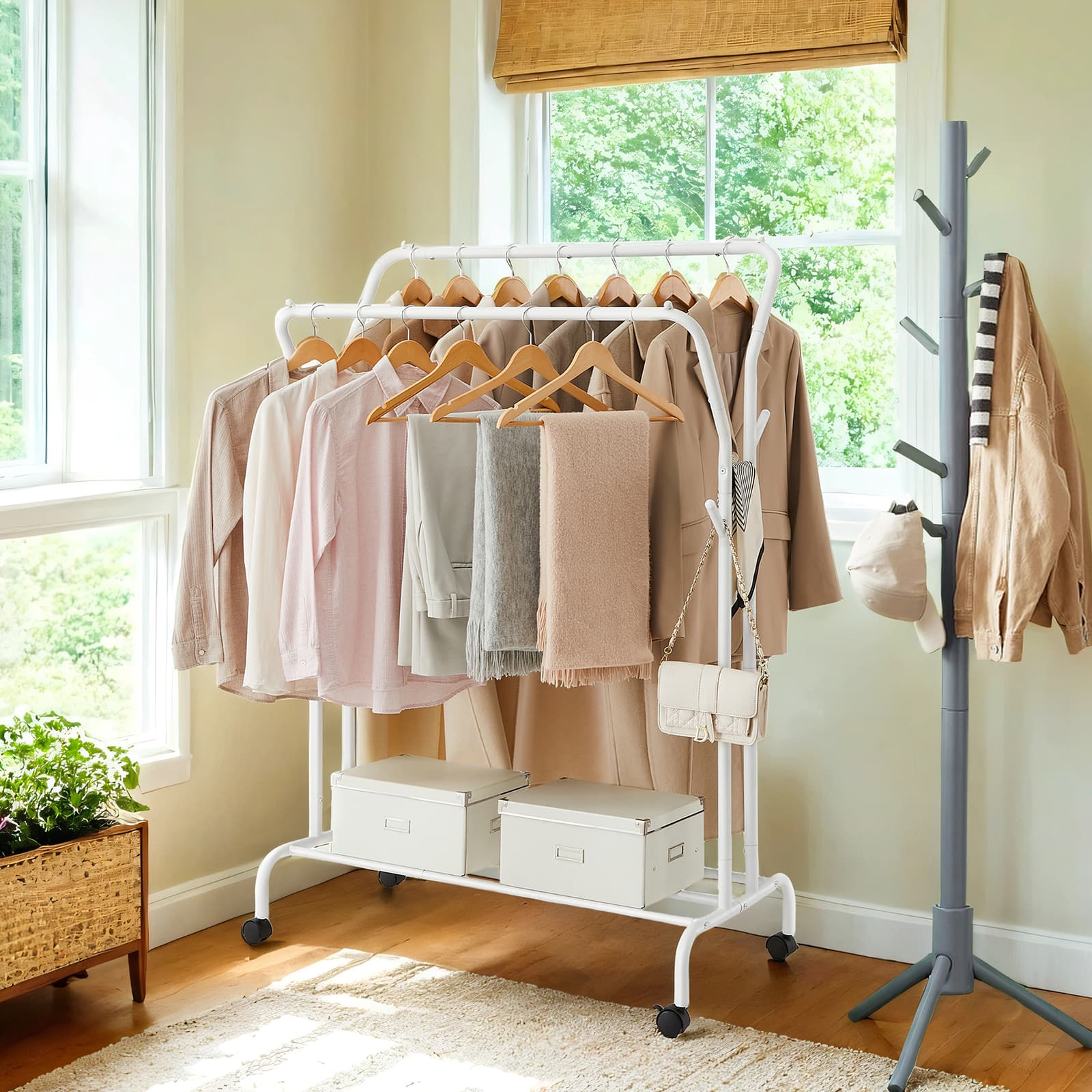 Clothing Rack - Metal - Black - Double-Rod with Wheels and Shelf