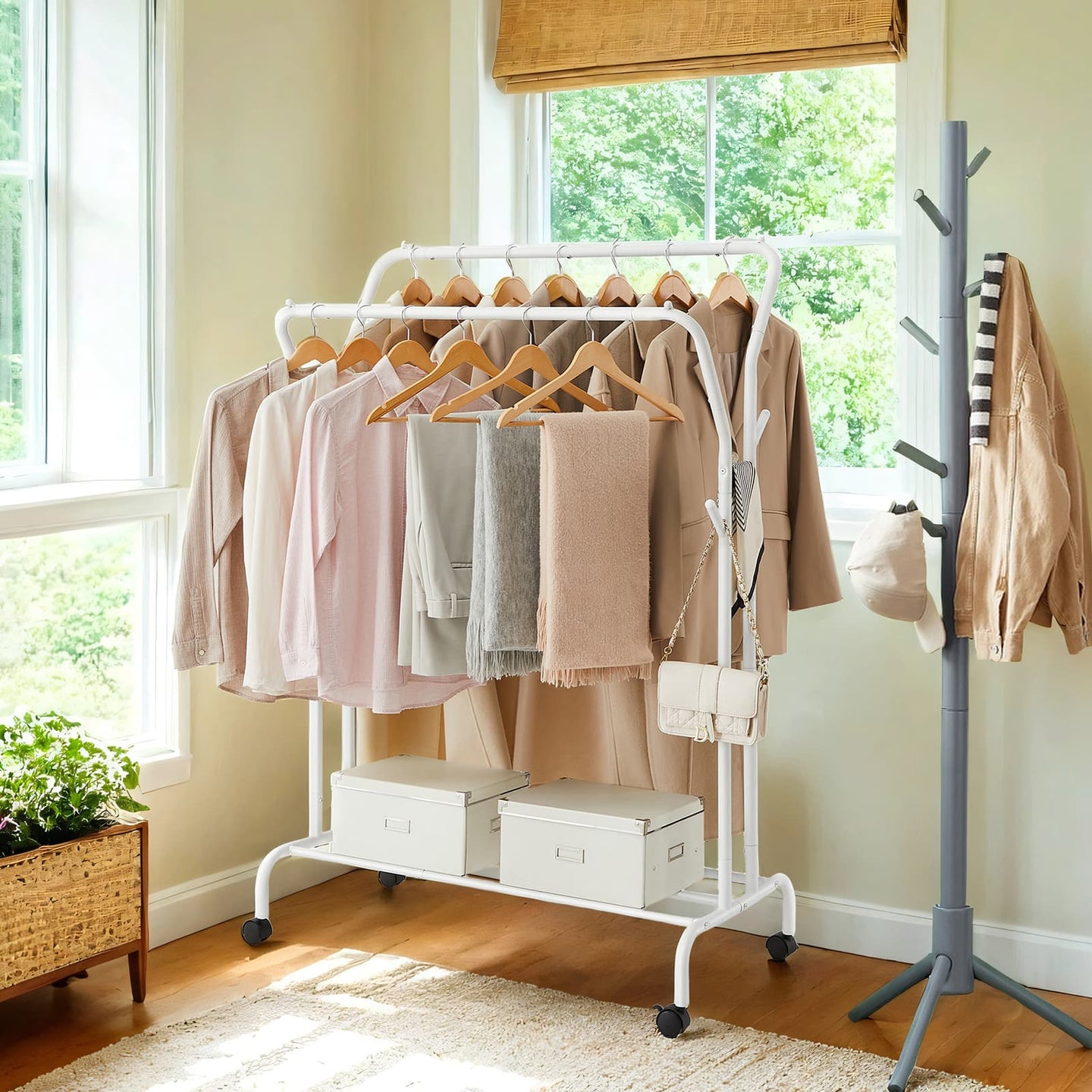 Clothing Rack - Metal - Black - Double-Rod with Wheels and Shelf
