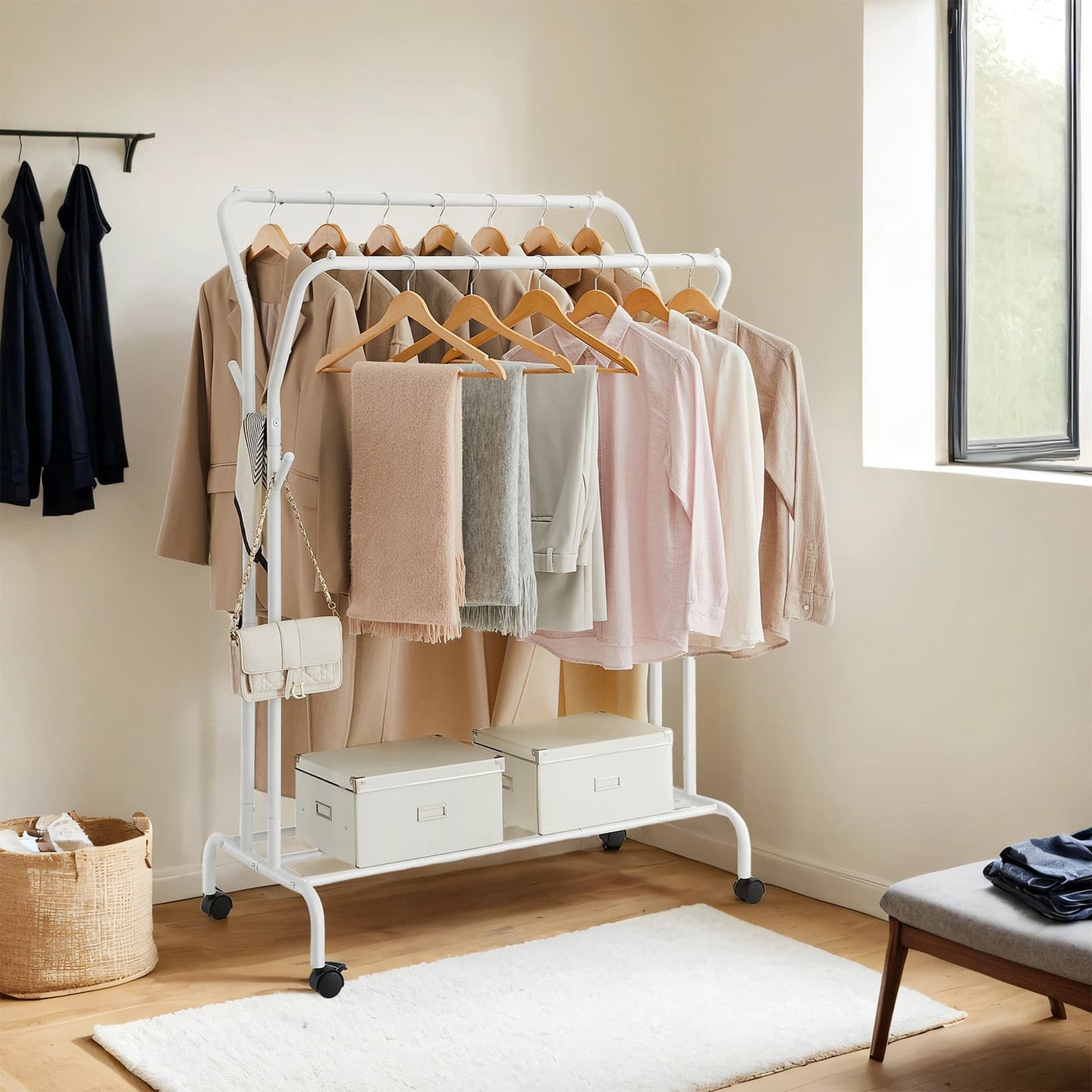 Clothing Rack - Metal - Black - Double-Rod with Wheels and Shelf