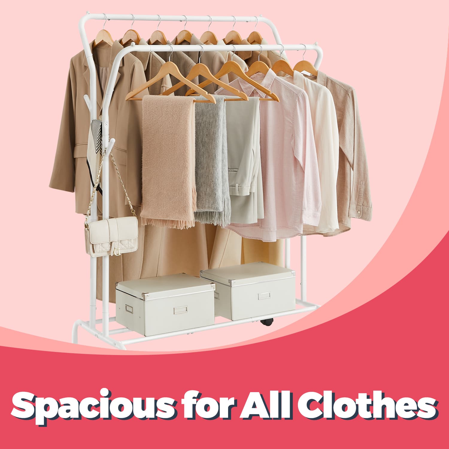 Clothing Rack - Metal - Black - Double-Rod with Wheels and Shelf