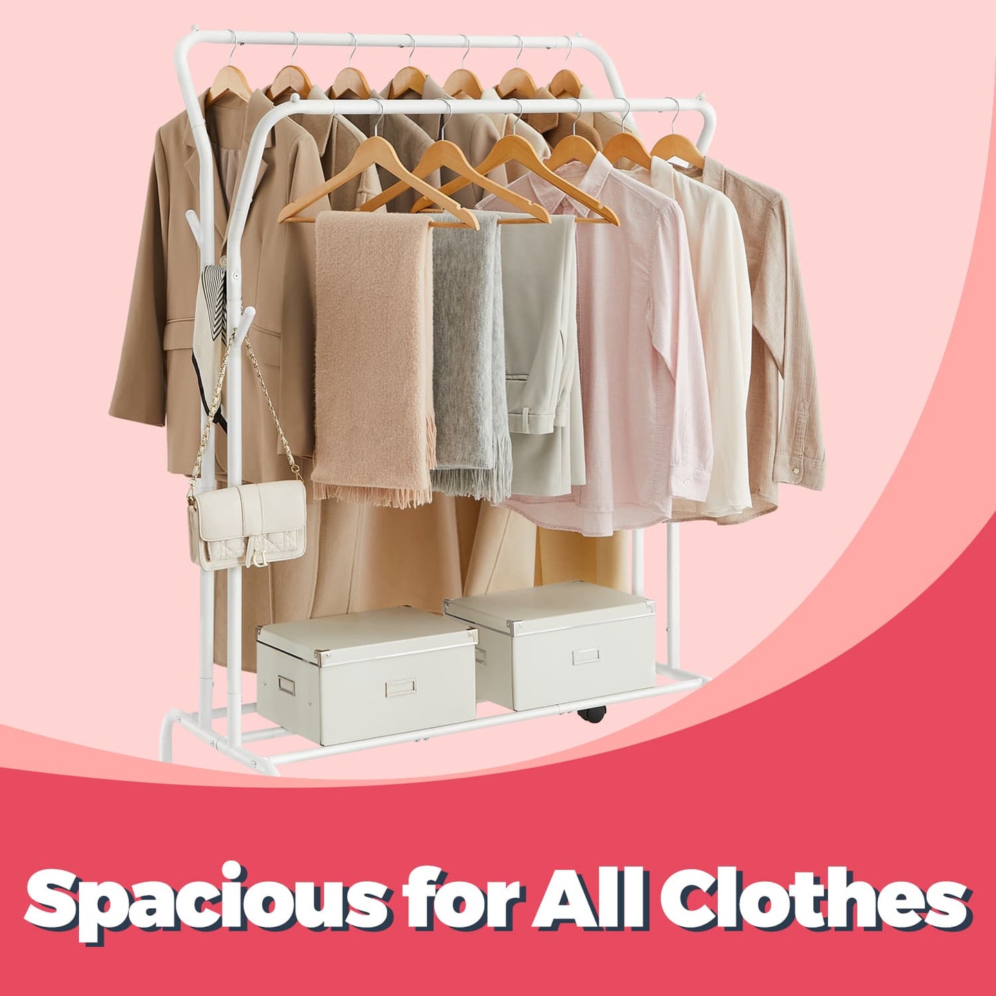 Clothing Rack - Metal - Black - Double-Rod with Wheels and Shelf
