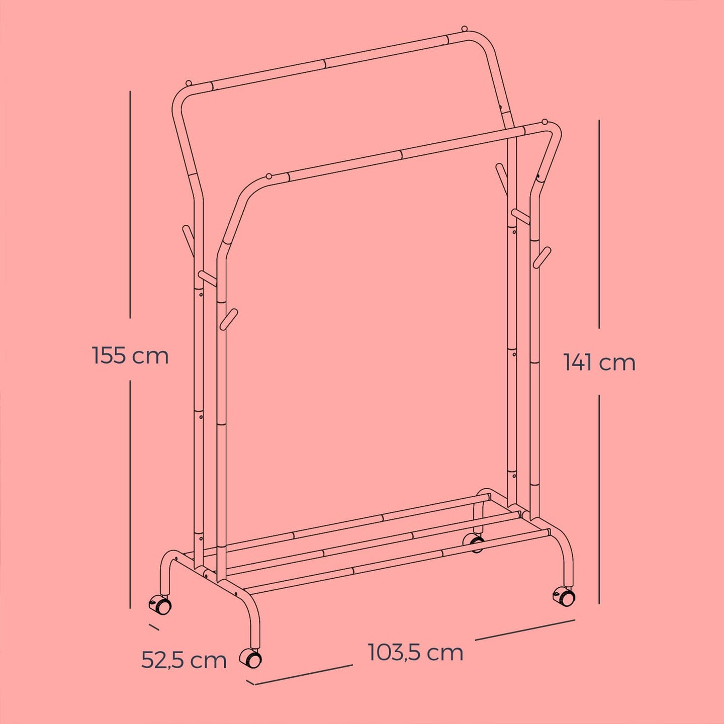 Clothing Rack - Metal - Black - Double-Rod with Wheels and Shelf