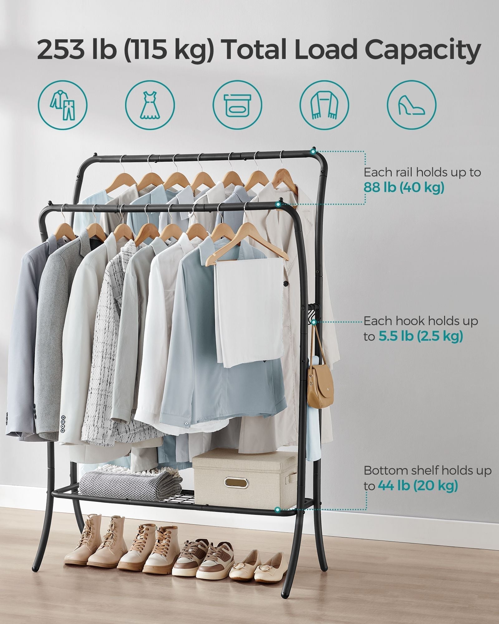 Double-Rod Clothes Rack - Heavy-Duty Metal - Ink Black - Portable with Storage Shelf and 6 Hooks