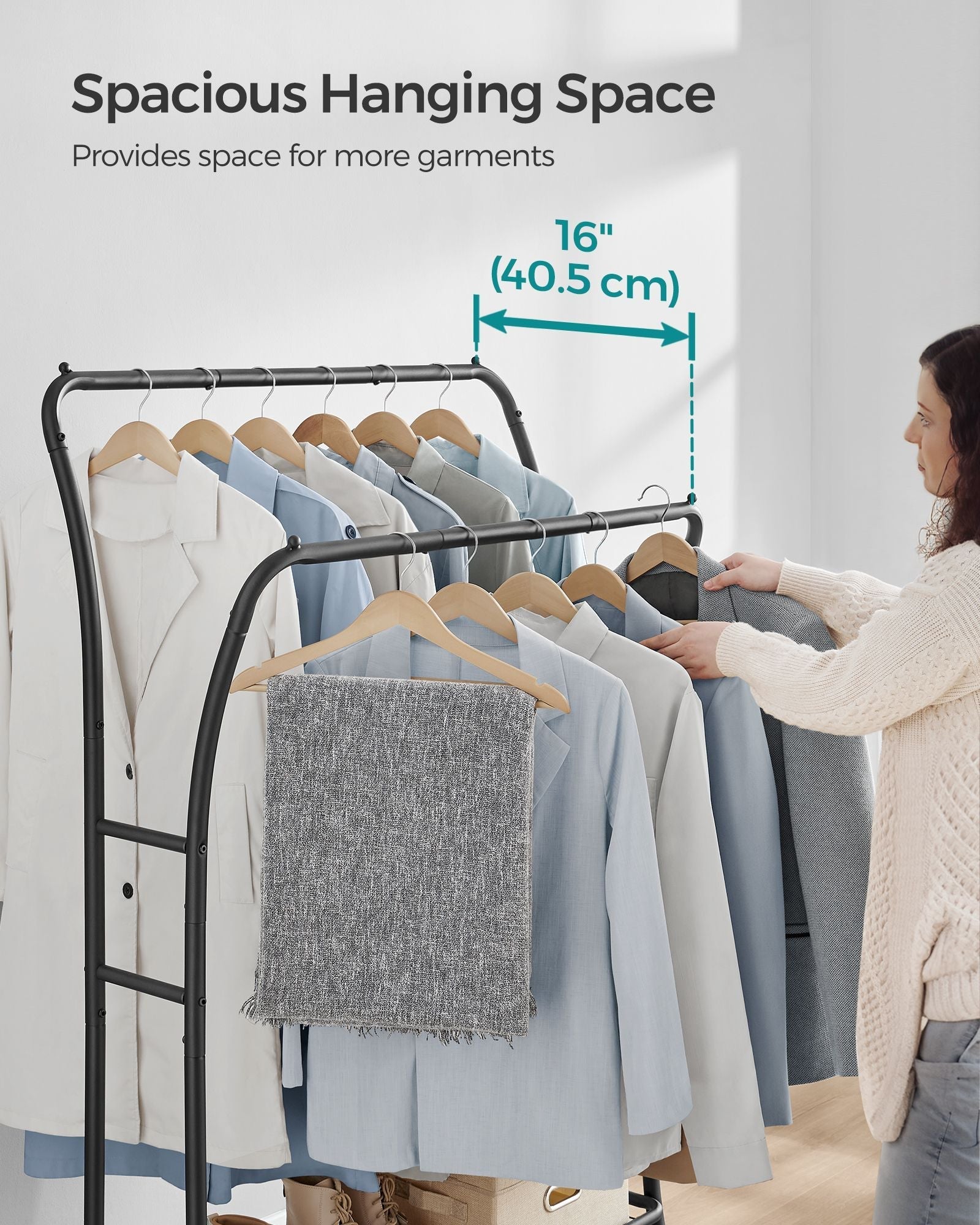 Double-Rod Clothes Rack - Heavy-Duty Metal - Ink Black - Portable with Storage Shelf and 6 Hooks