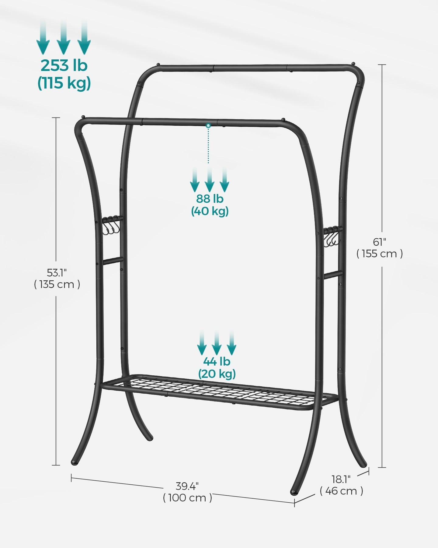Double-Rod Clothes Rack - Heavy-Duty Metal - Ink Black - Portable with Storage Shelf and 6 Hooks