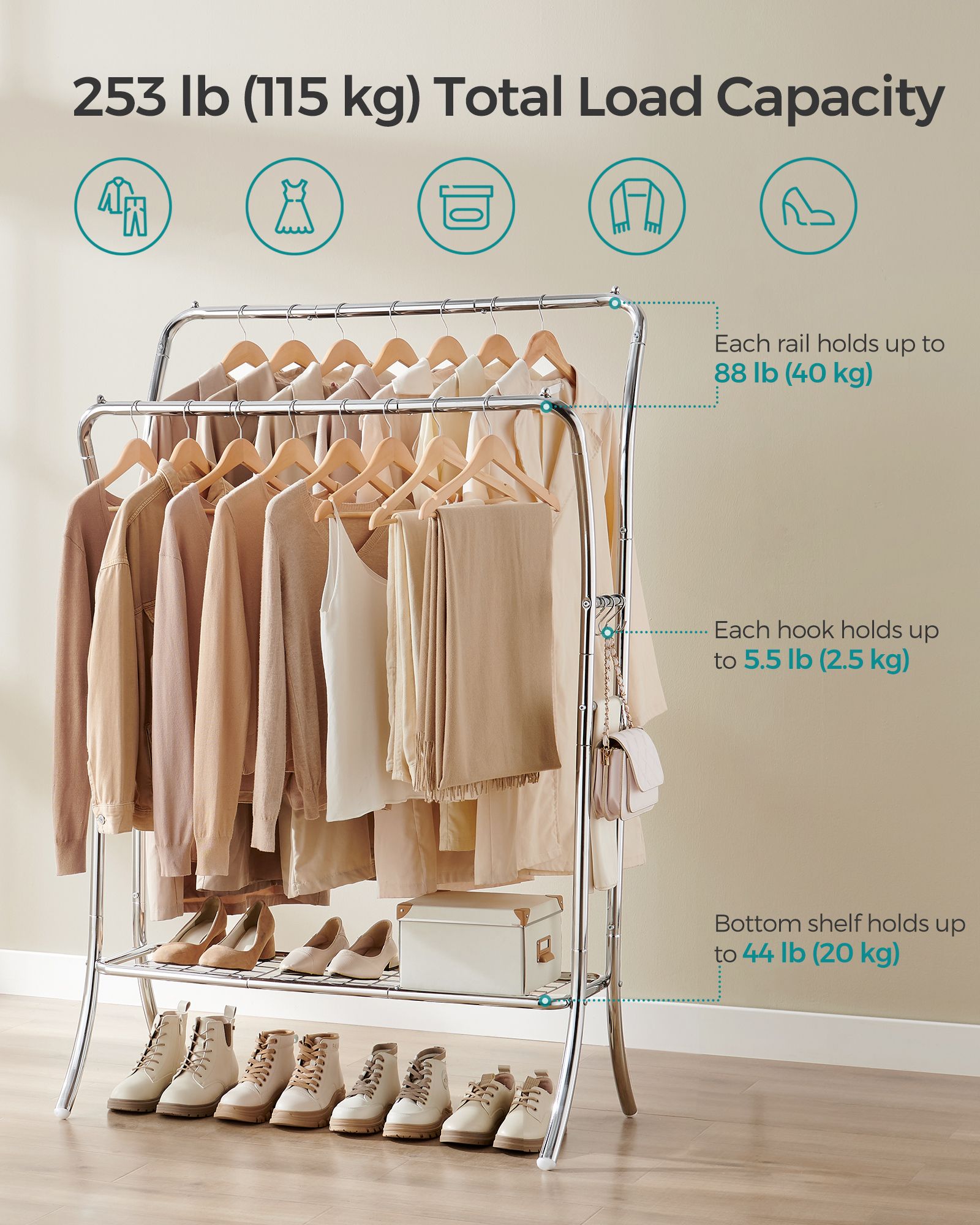 Double-Rod Clothes Rack - Metal - Metallic Silver