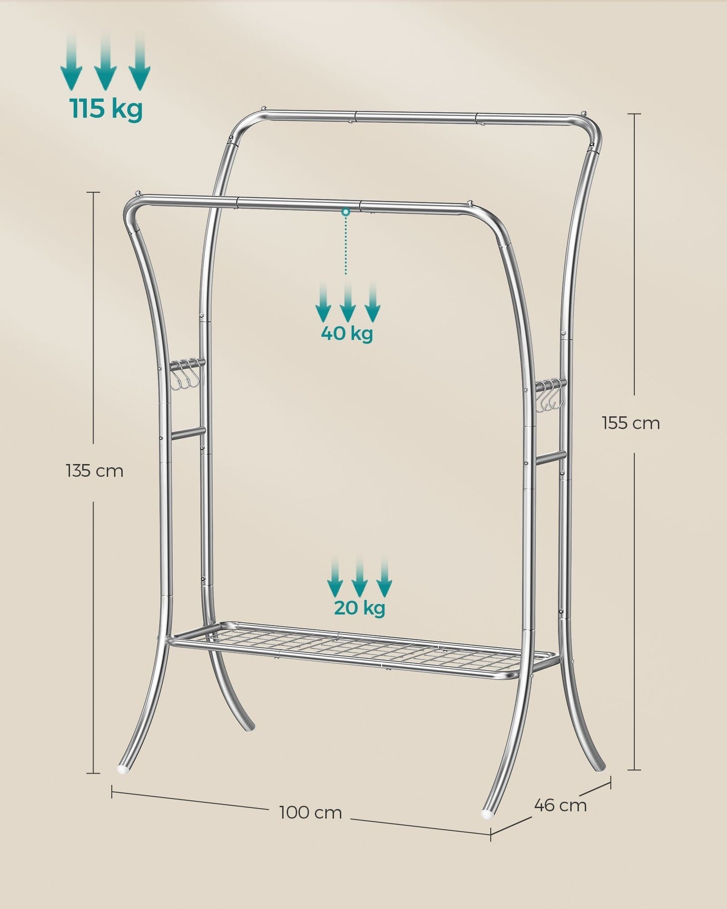 Clothing Rack - Metal - Portable with Storage Shelves and Hooks