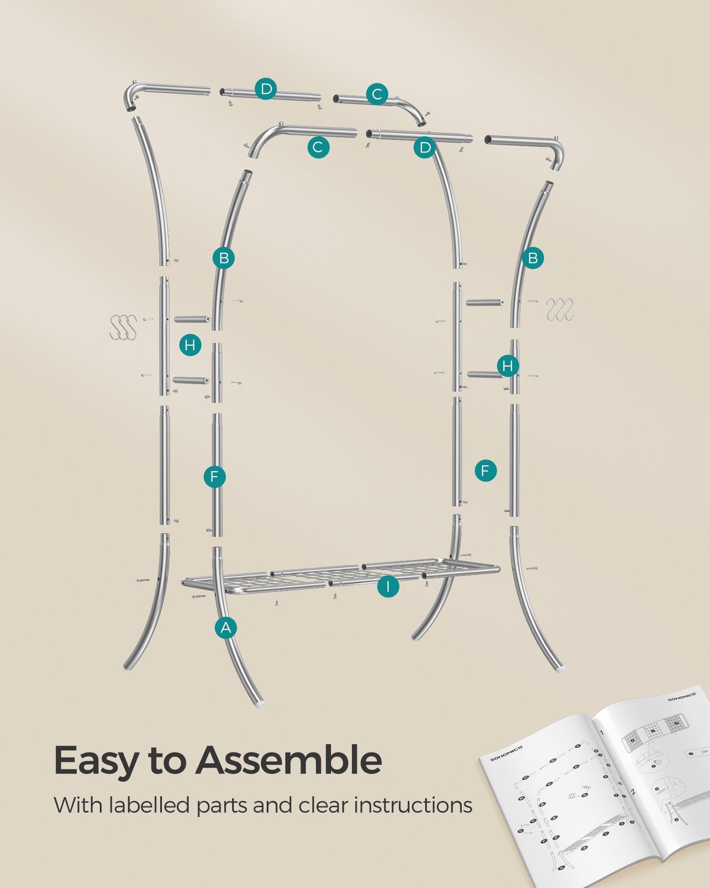Clothing Rack - Metal - Portable with Storage Shelves and Hooks
