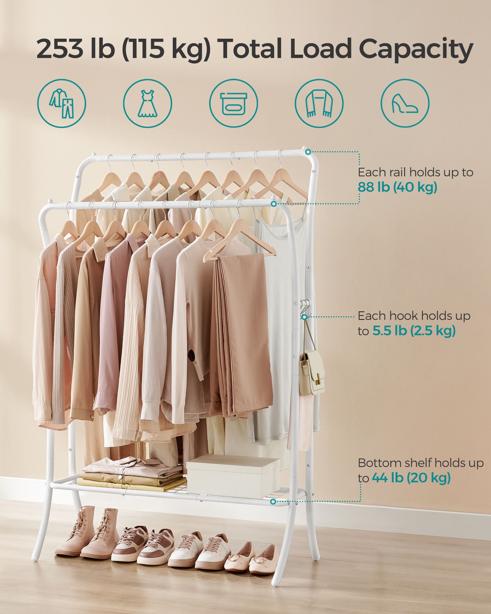 Heavy-Duty Double-Rod Clothes Rail - Metal - Cloud White - Portable with Storage Shelf and 6 Hooks
