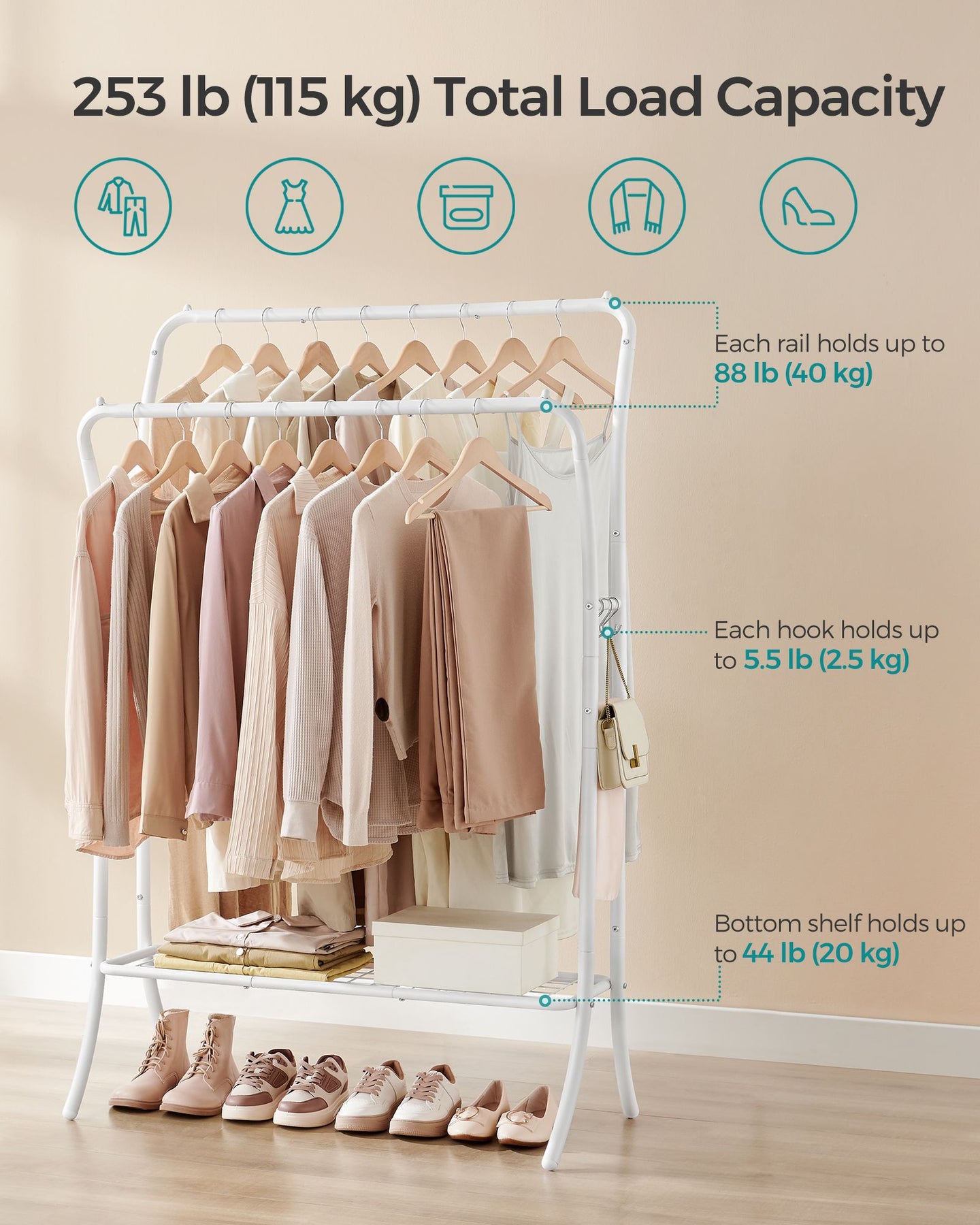 Heavy-Duty Double-Rod Clothes Rail - Metal - Cloud White - Portable with Storage Shelf and 6 Hooks