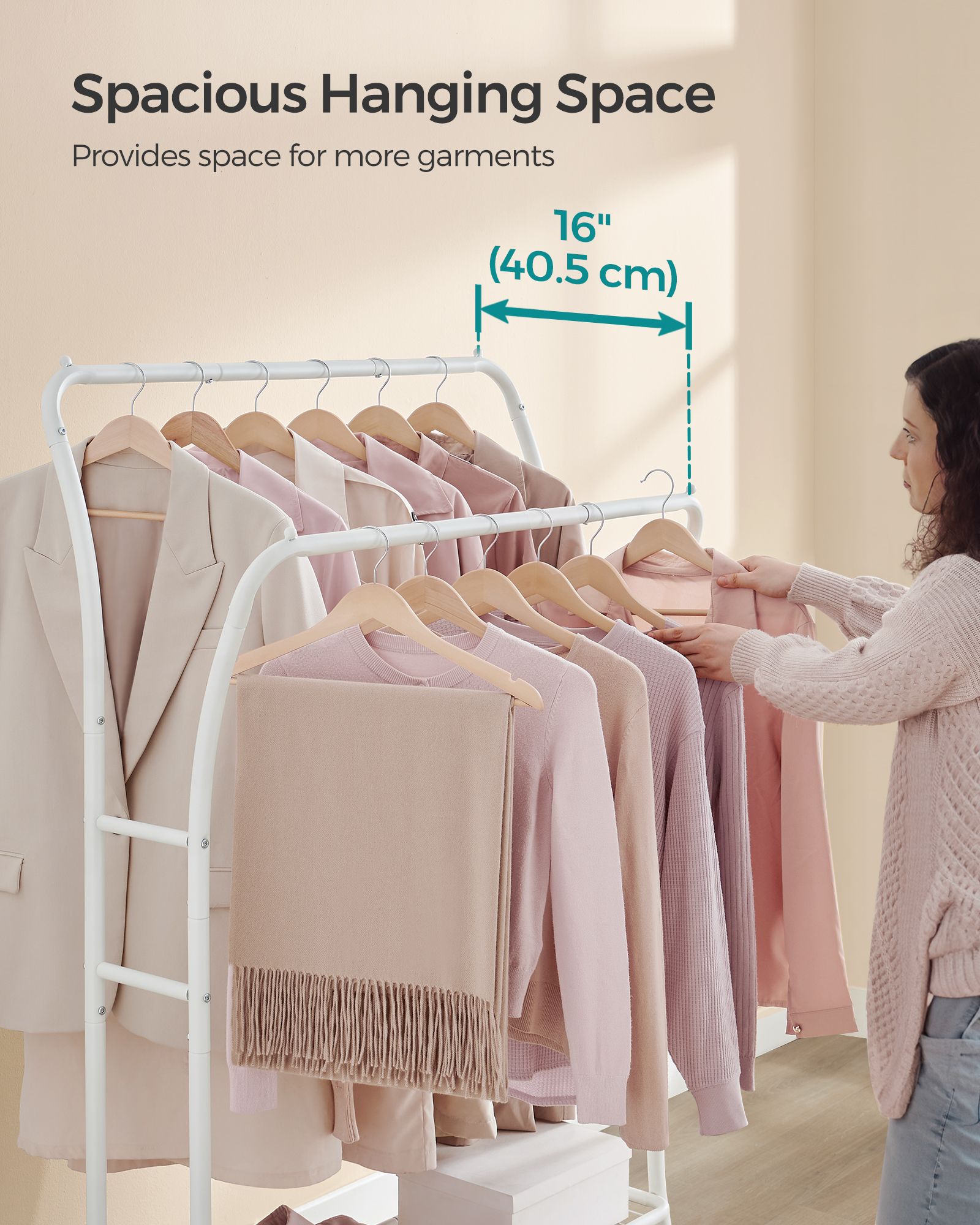 Heavy-Duty Double-Rod Clothes Rail - Metal - Cloud White - Portable with Storage Shelf and 6 Hooks