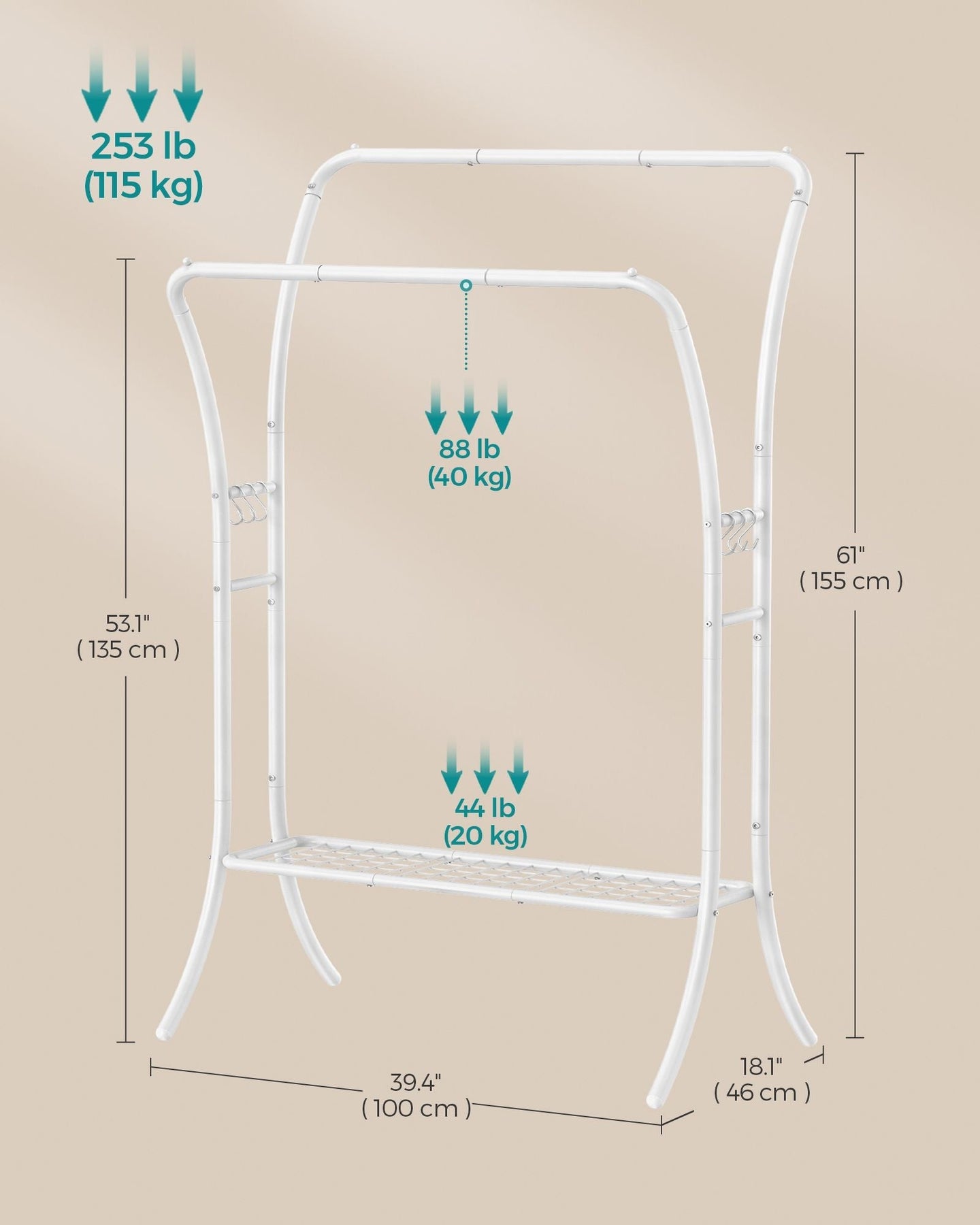 Heavy-Duty Double-Rod Clothes Rail - Metal - Cloud White - Portable with Storage Shelf and 6 Hooks