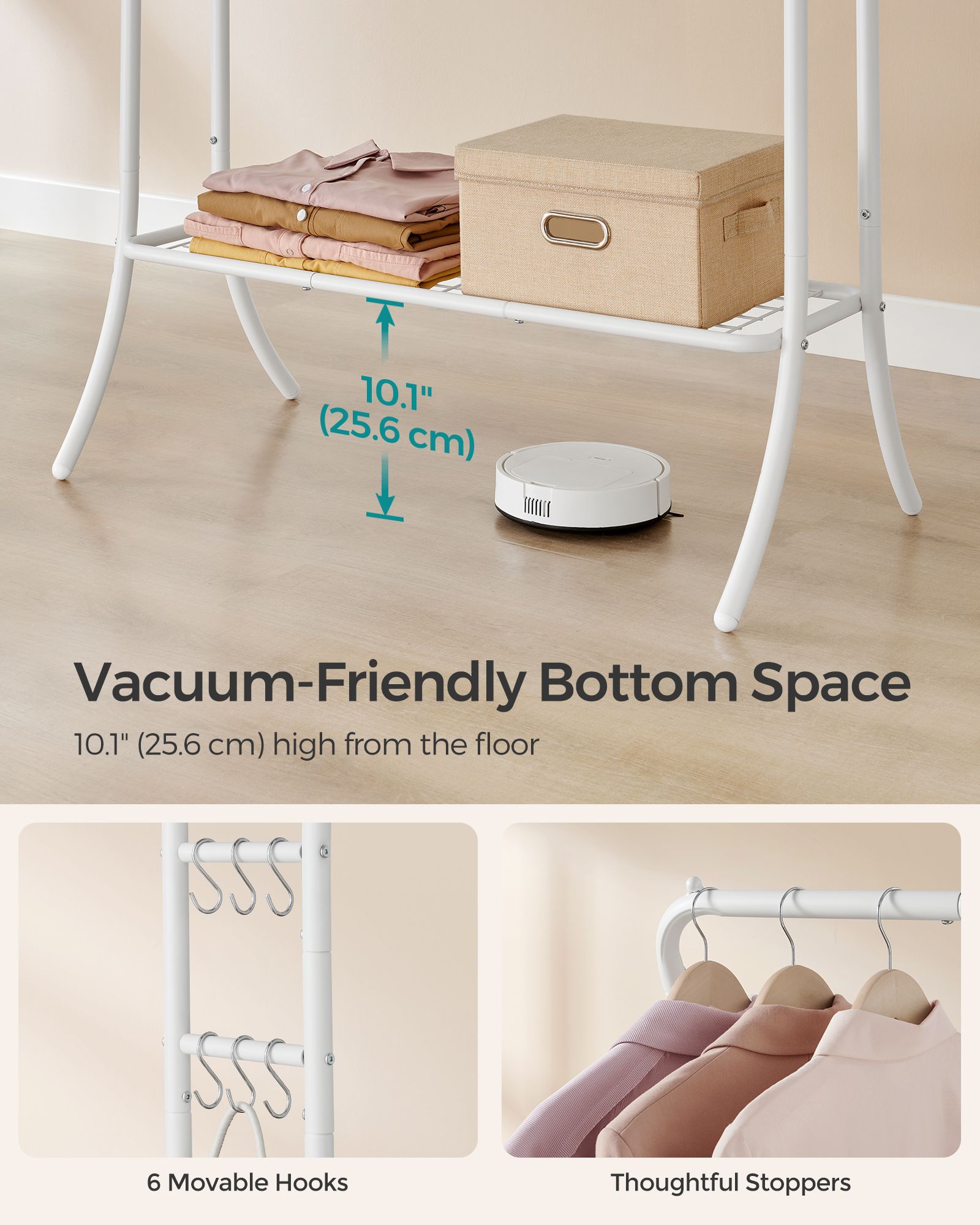 Heavy-Duty Double-Rod Clothes Rail - Metal - Cloud White - Portable with Storage Shelf and 6 Hooks