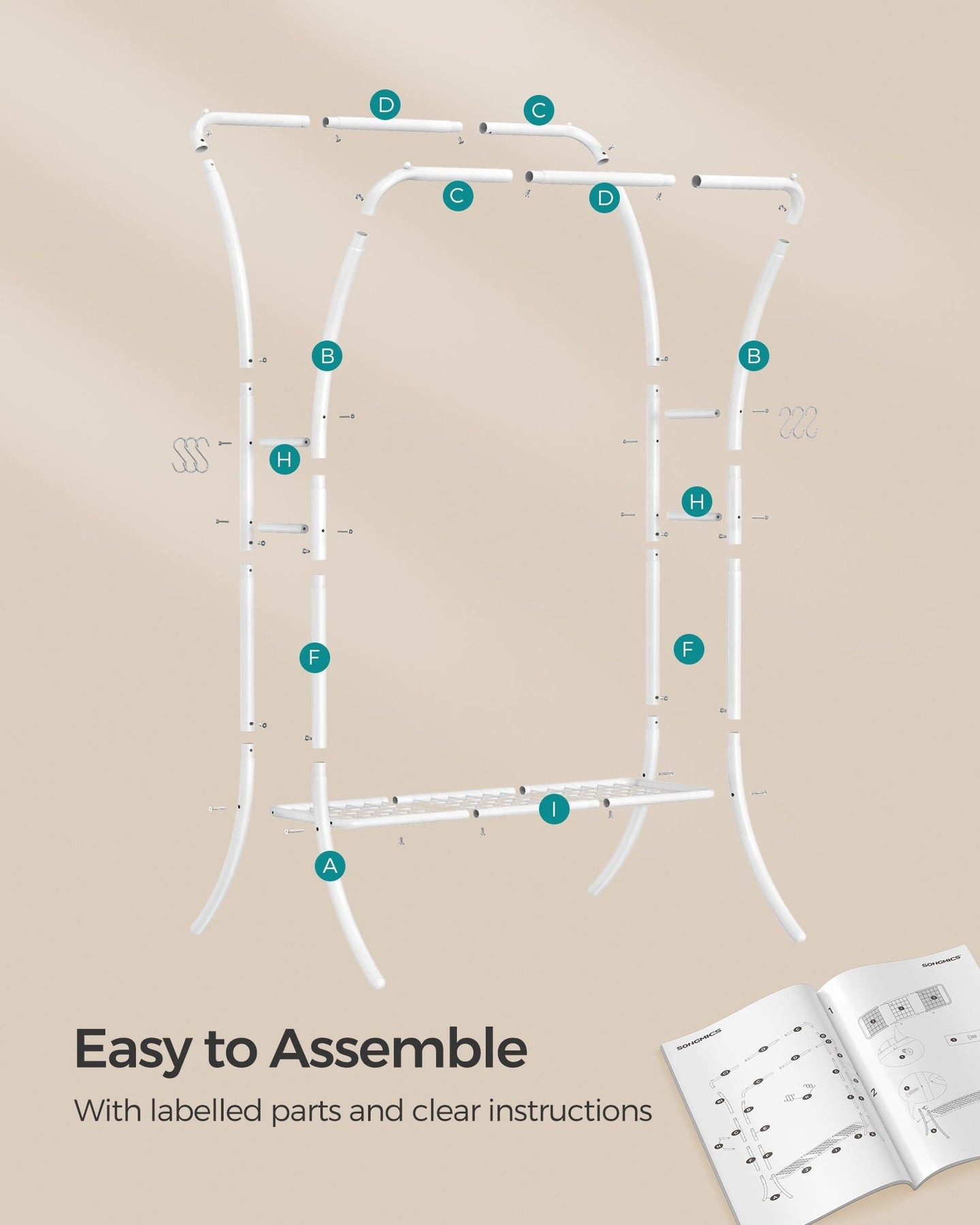 Heavy-Duty Double-Rod Clothes Rail - Metal - Cloud White - Portable with Storage Shelf and 6 Hooks