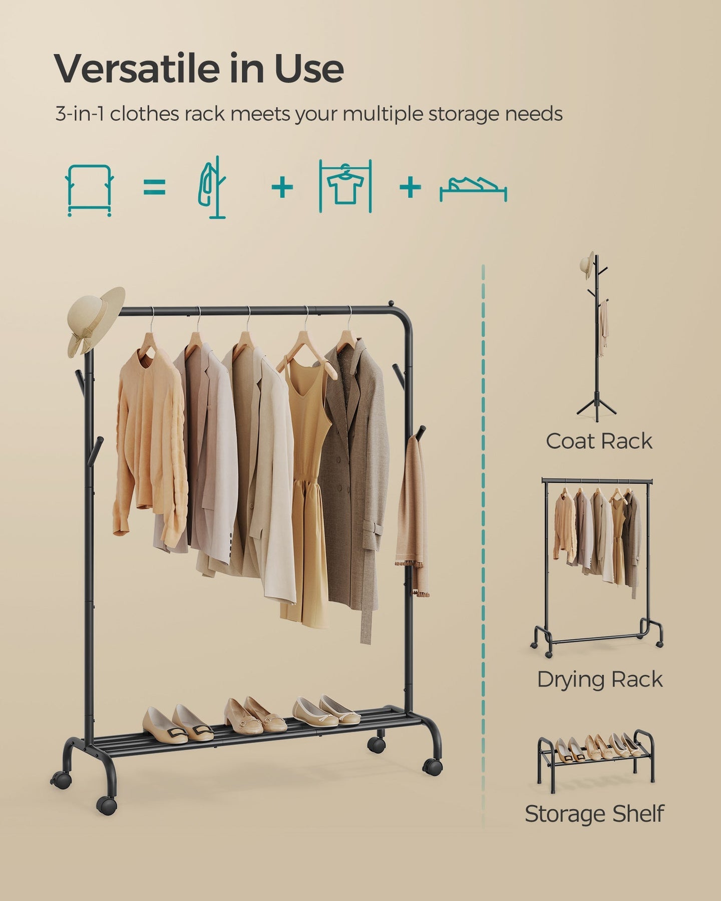 Clothes Rack - Heavy-Duty Metal - Ink Black - Extendable and Collapsible with Wheels