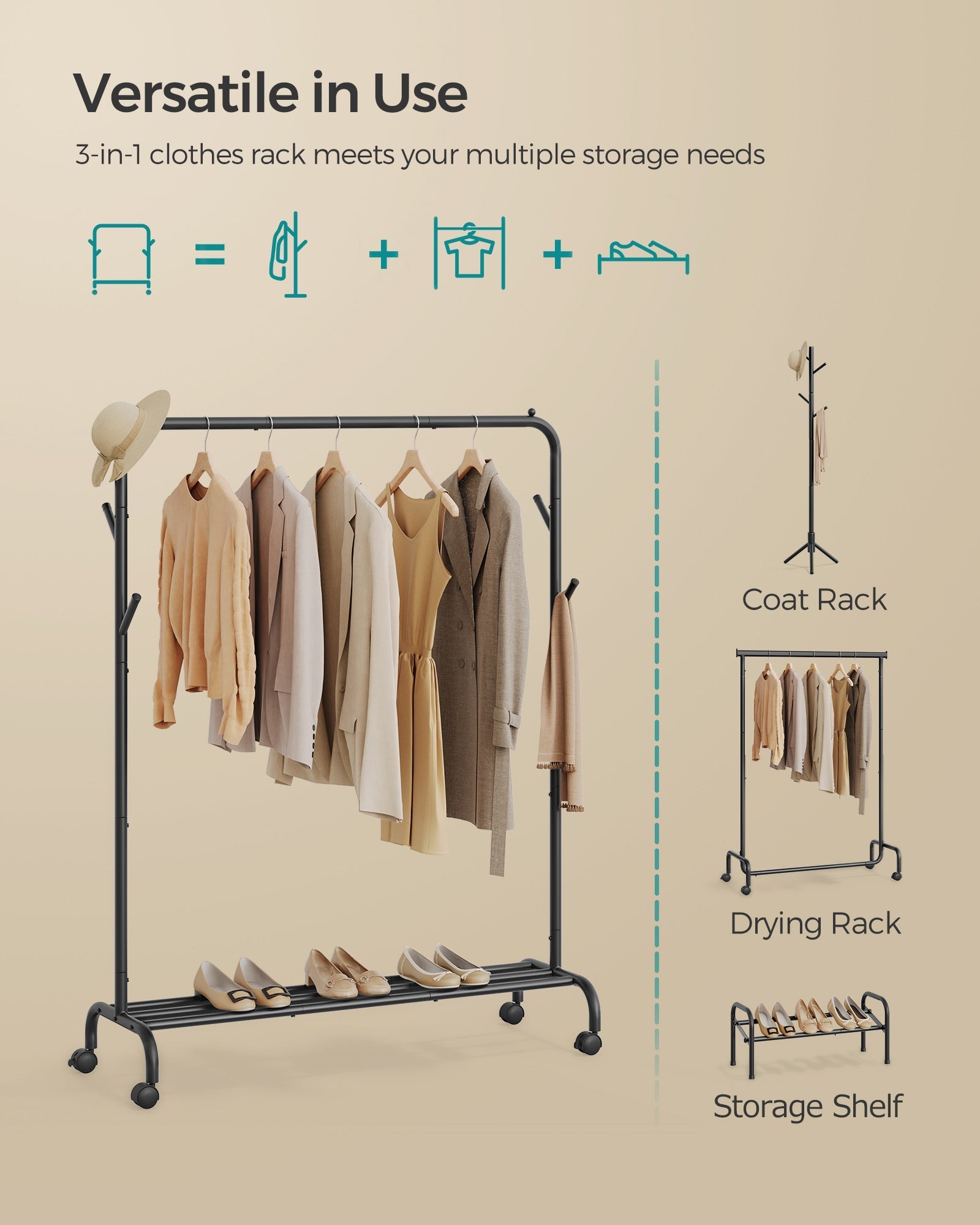 Clothes Rack - Heavy-Duty Metal - Ink Black - Extendable and Collapsible with Wheels