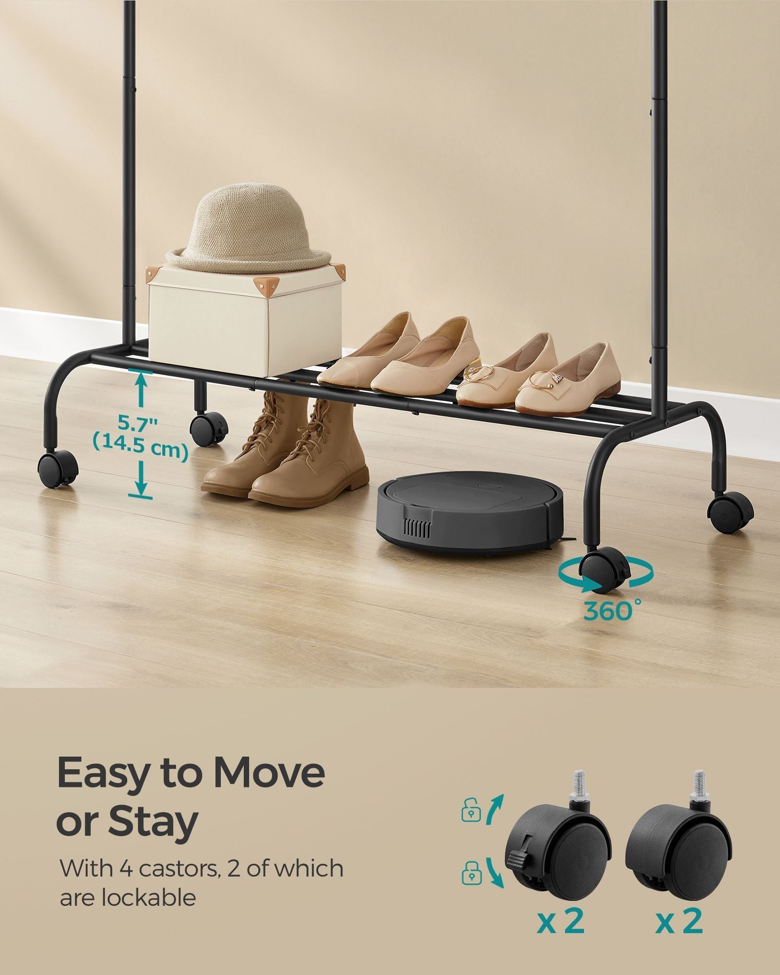 Clothes Rack - Heavy-Duty Metal - Ink Black - Extendable and Collapsible with Wheels