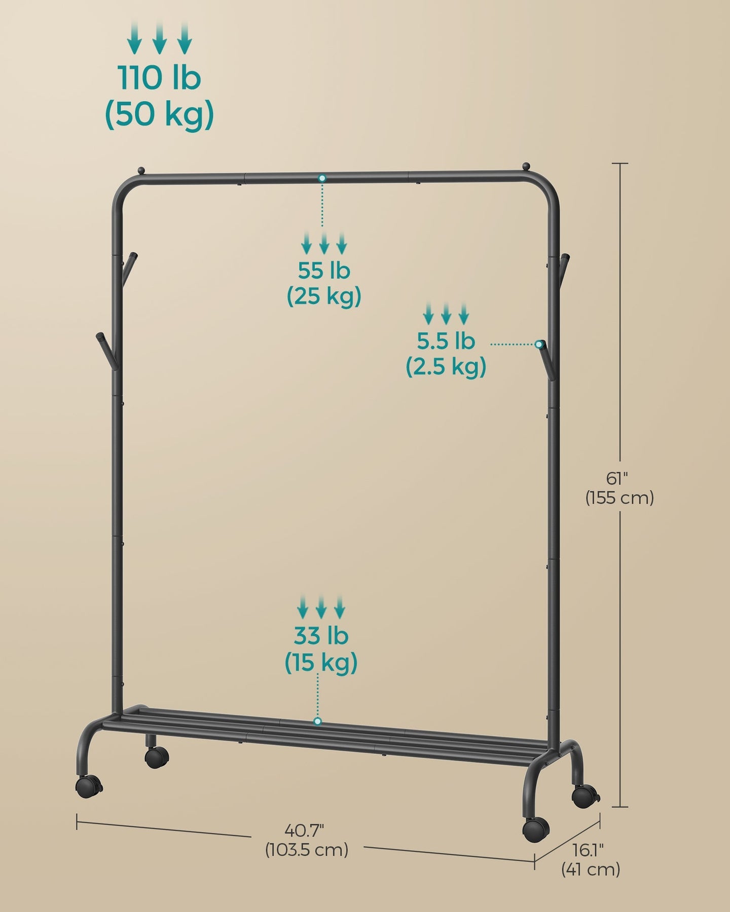 Clothes Rack - Heavy-Duty Metal - Ink Black - Extendable and Collapsible with Wheels