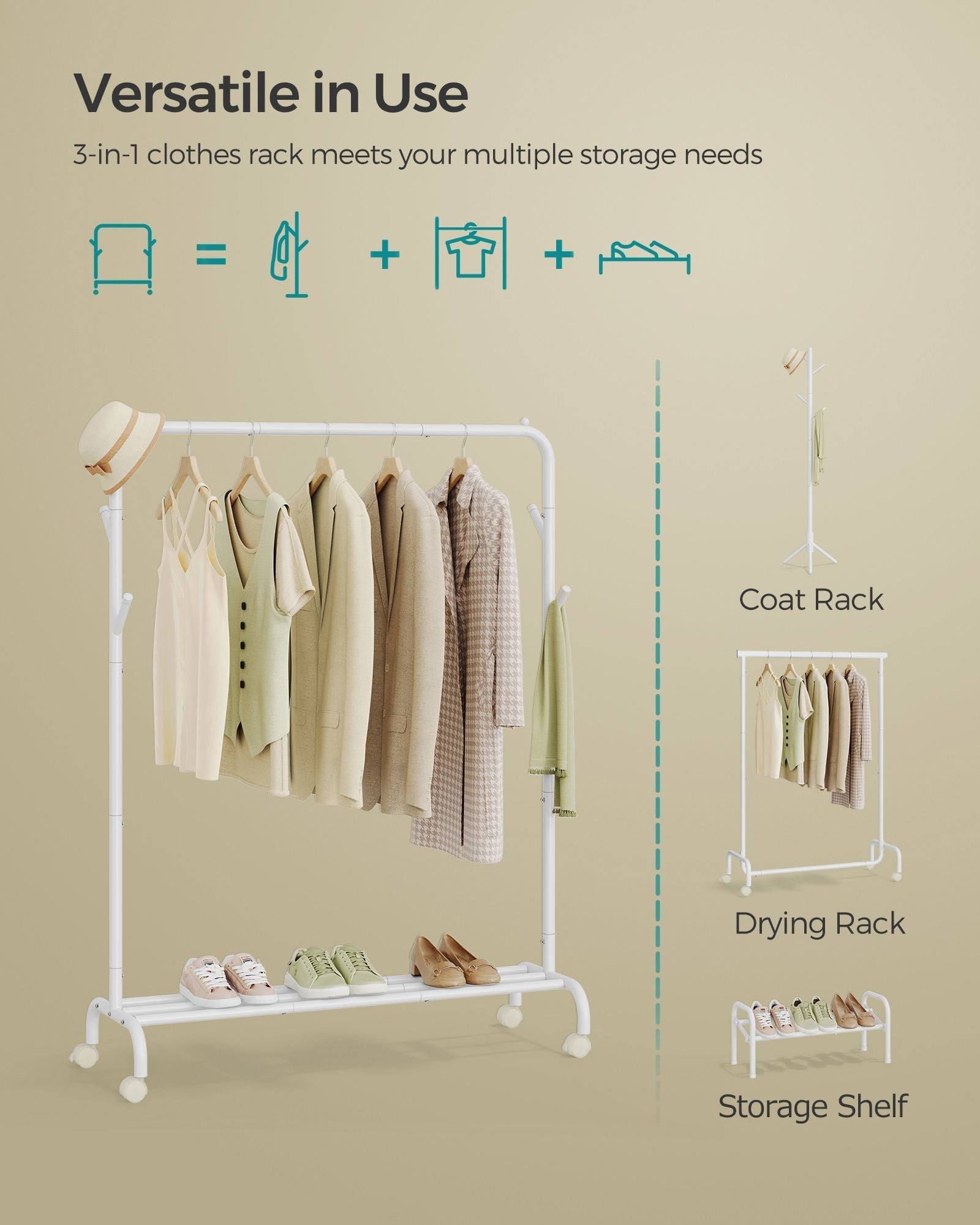 Clothes Rail - Heavy-Duty Metal - Cloud White - Extendable and Collapsible with Wheels