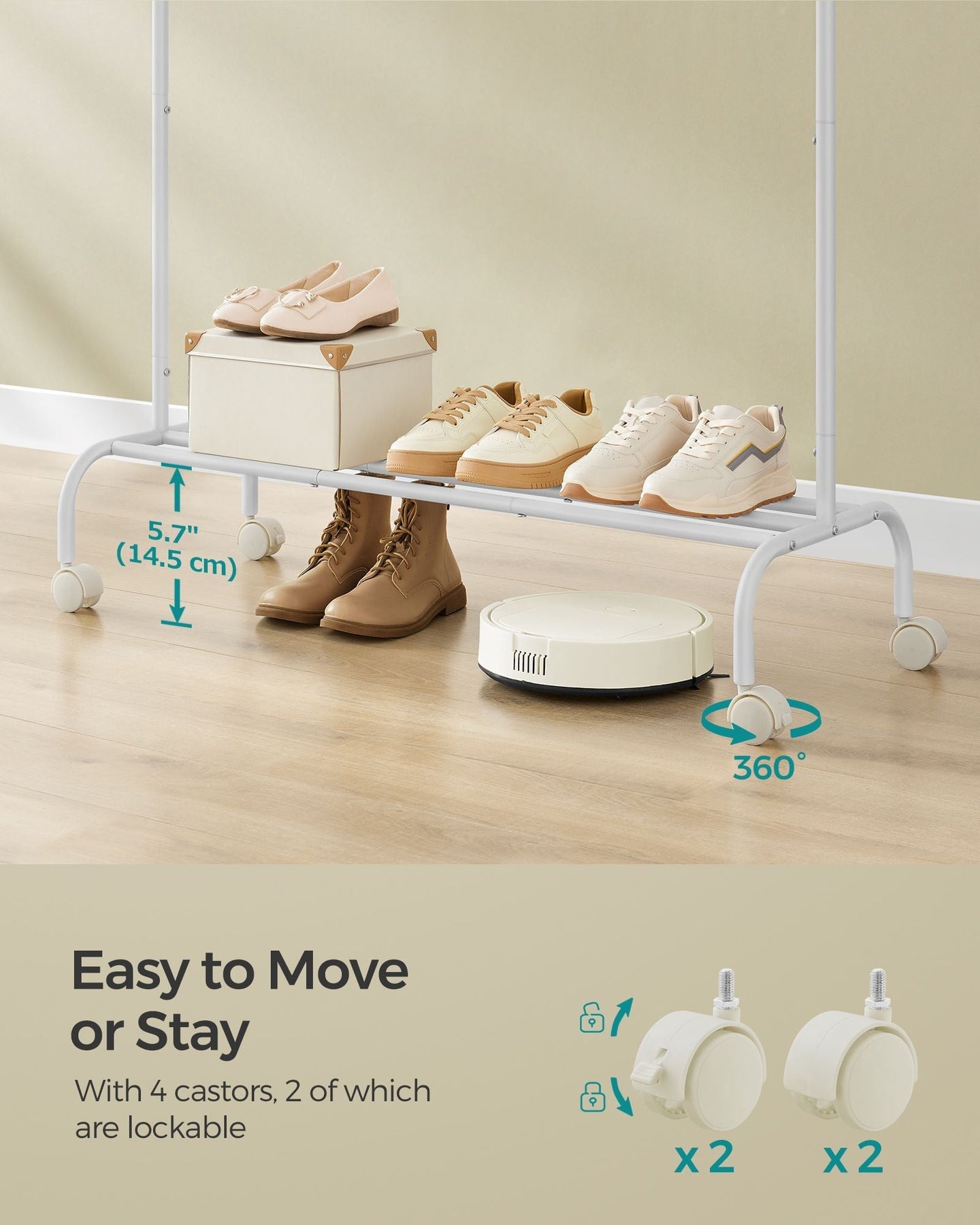 Clothes Rail - Heavy-Duty Metal - Cloud White - Extendable and Collapsible with Wheels