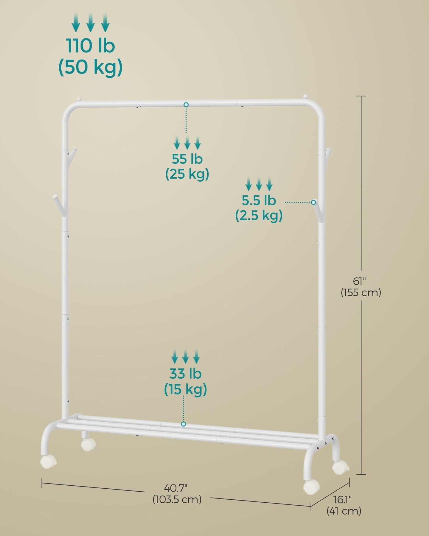 Clothes Rail - Heavy-Duty Metal - Cloud White - Extendable and Collapsible with Wheels