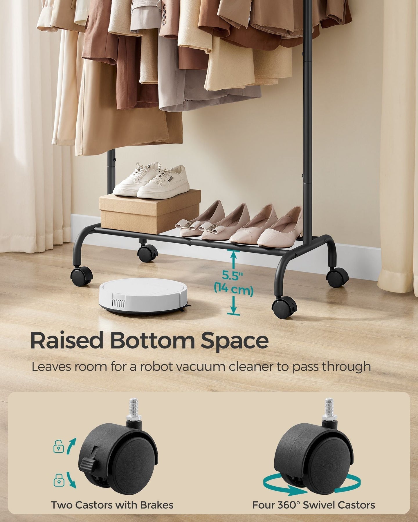 Clothes Rack - Metal - Ink Black - Extendable with Wheels