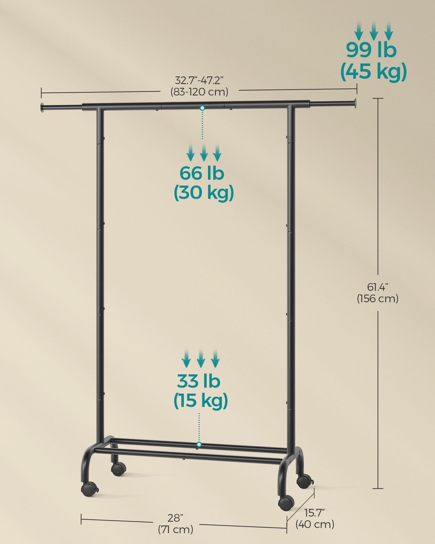 Clothes Rack - Metal - Ink Black - Extendable with Wheels