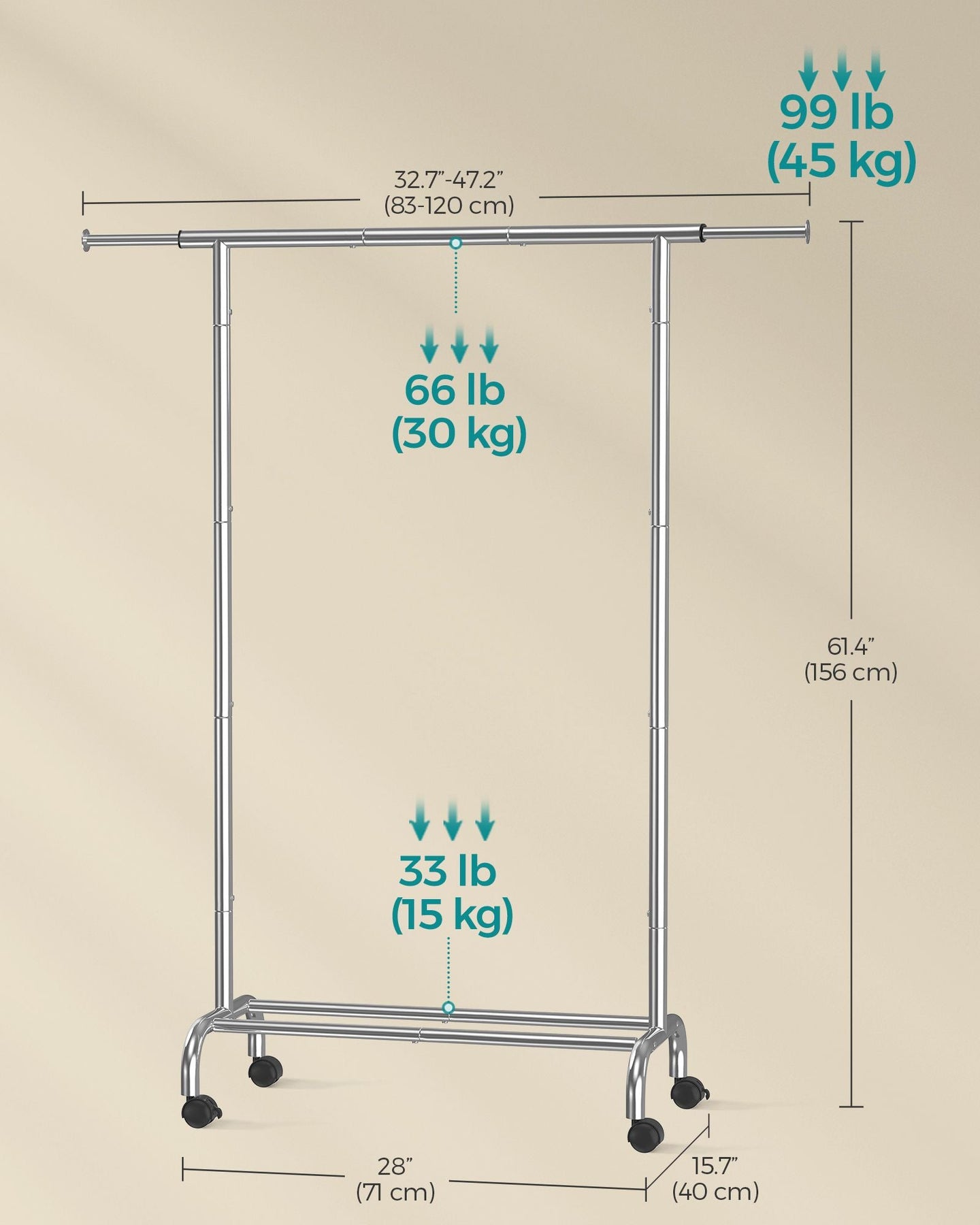 Clothes Rack - Metal - Dove Grey - Extendable with Wheels