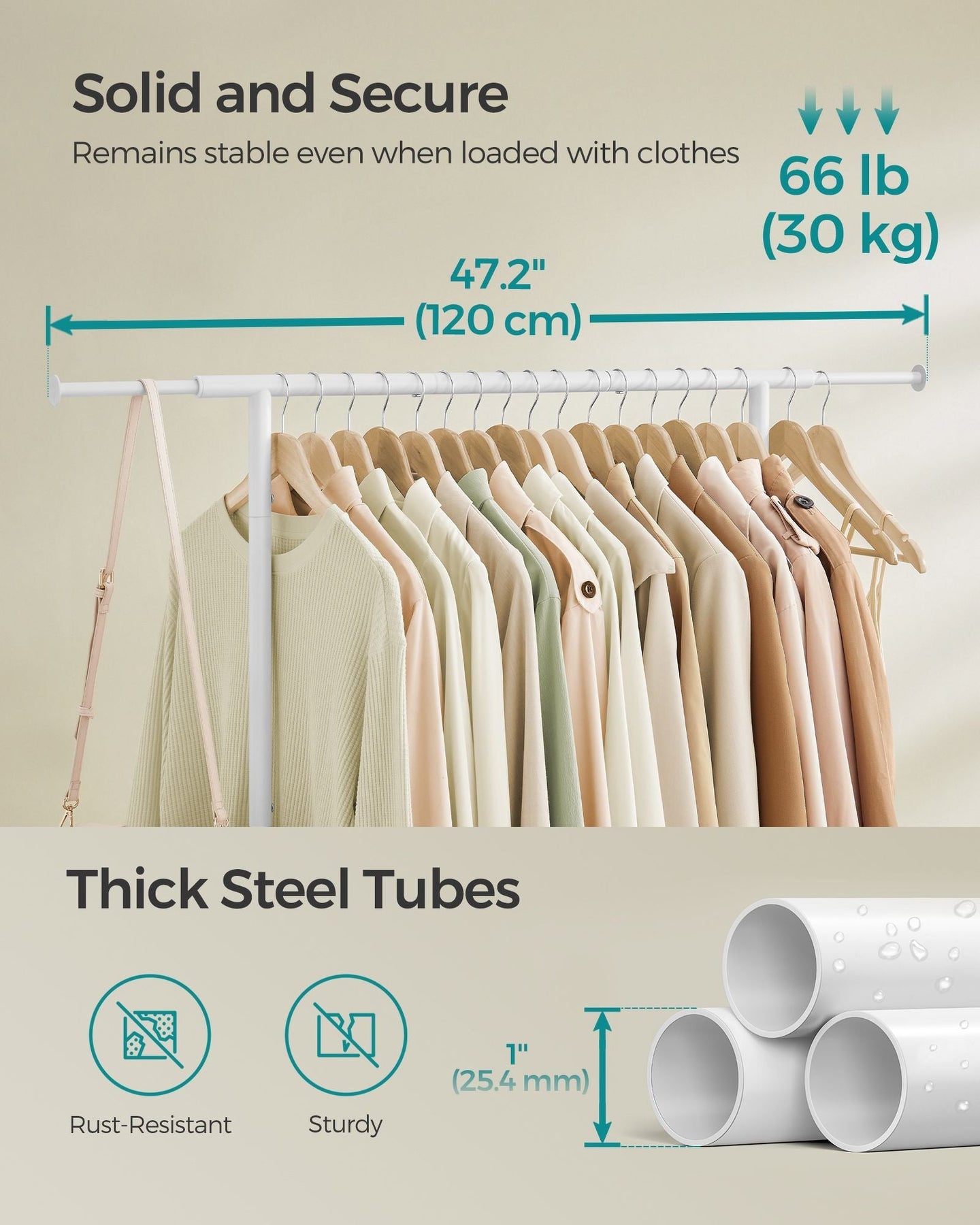 Clothes Rack - Metal - Cloud White - Extendable Hanging Rail with Wheels