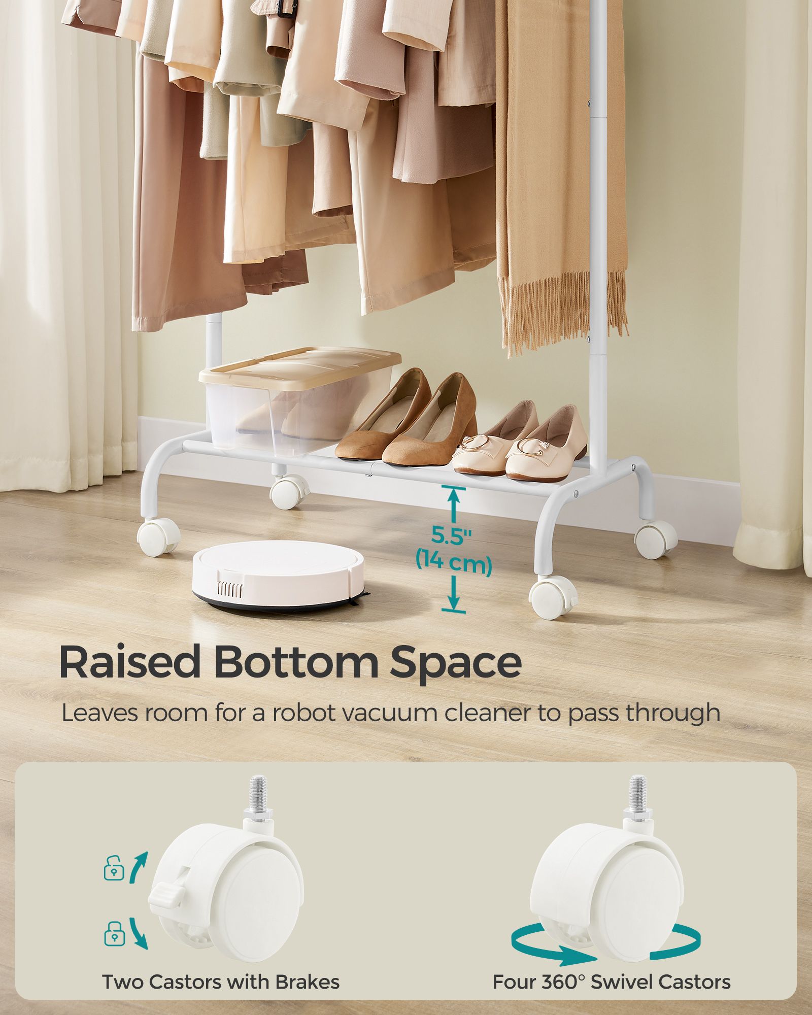 Clothes Rack - Metal - Cloud White - Extendable Hanging Rail with Wheels