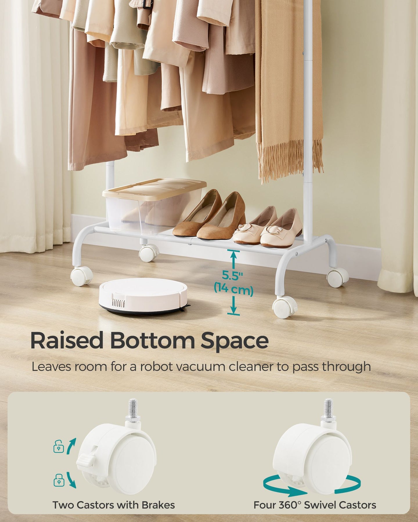 Clothes Rack - Metal - Cloud White - Extendable Hanging Rail with Wheels