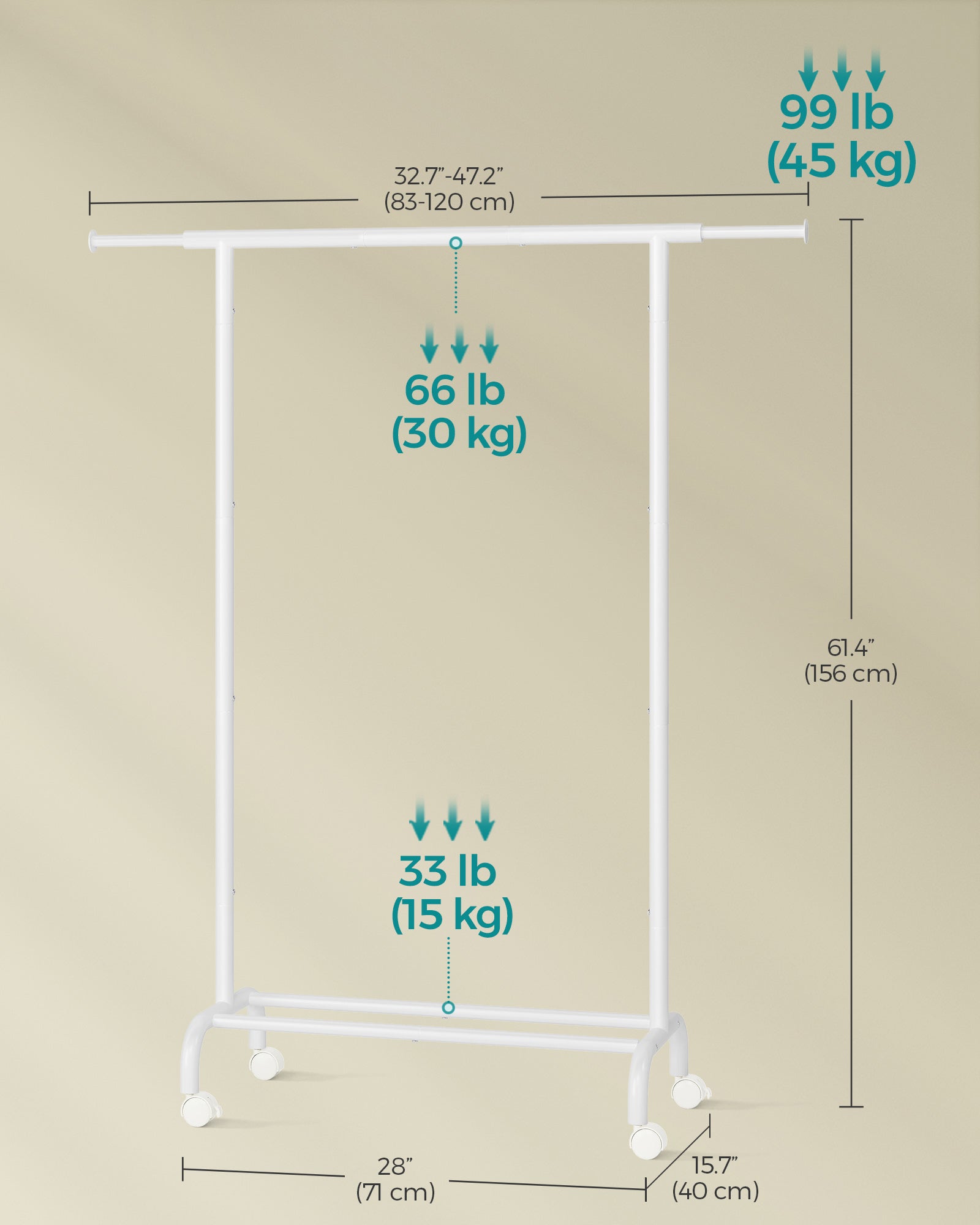 Clothes Rack - Metal - Cloud White - Extendable Hanging Rail with Wheels