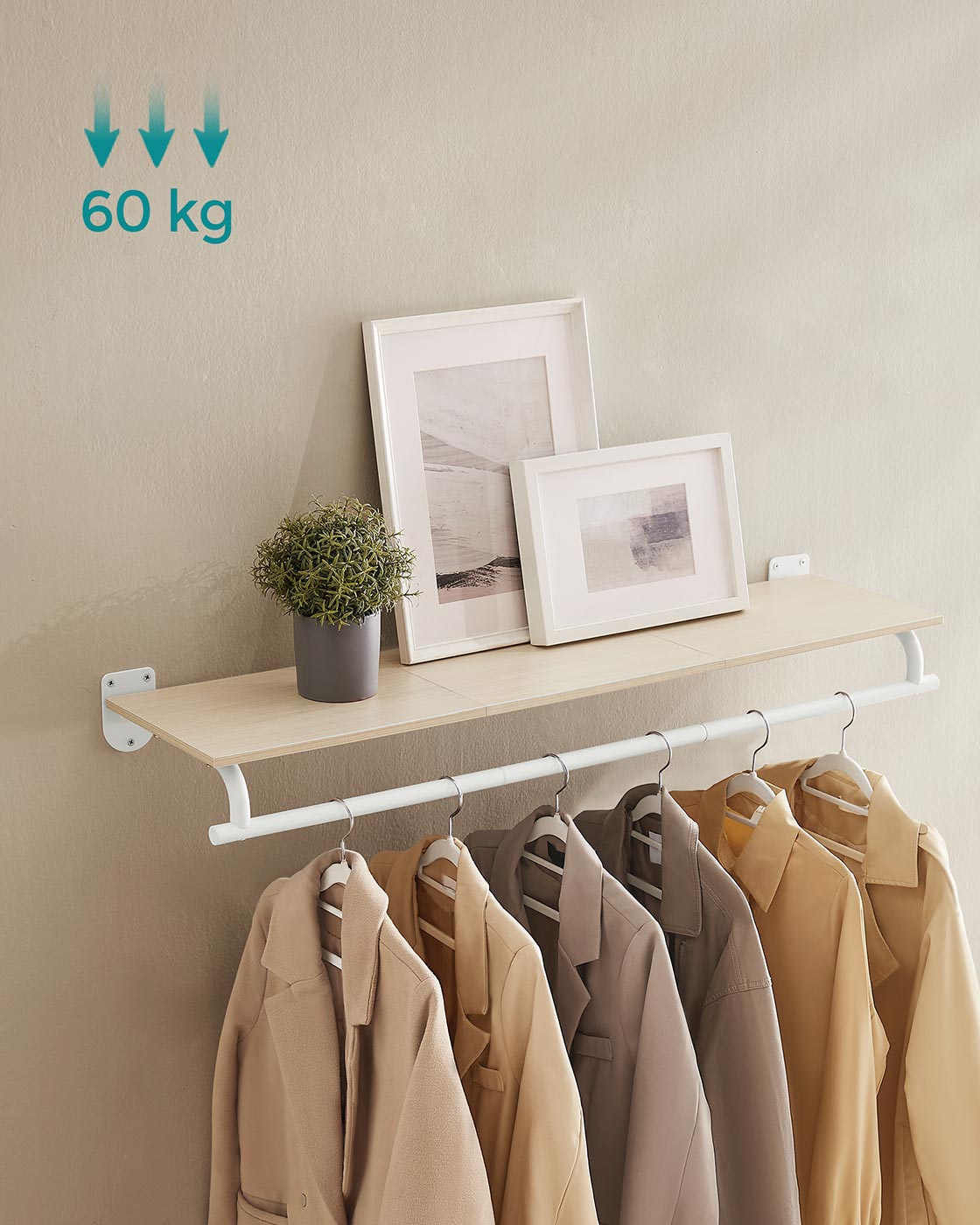 Wall-Mounted Clothing Rack - Supports up to 60 kg - Wood - Natural Beige