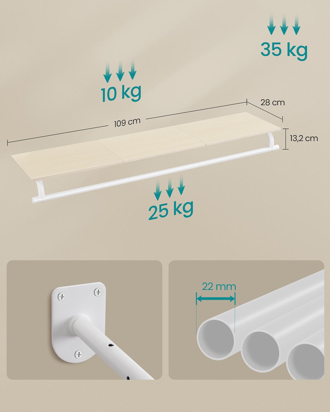 Wall-Mounted Clothing Rack - Supports up to 60 kg - Wood - Natural Beige