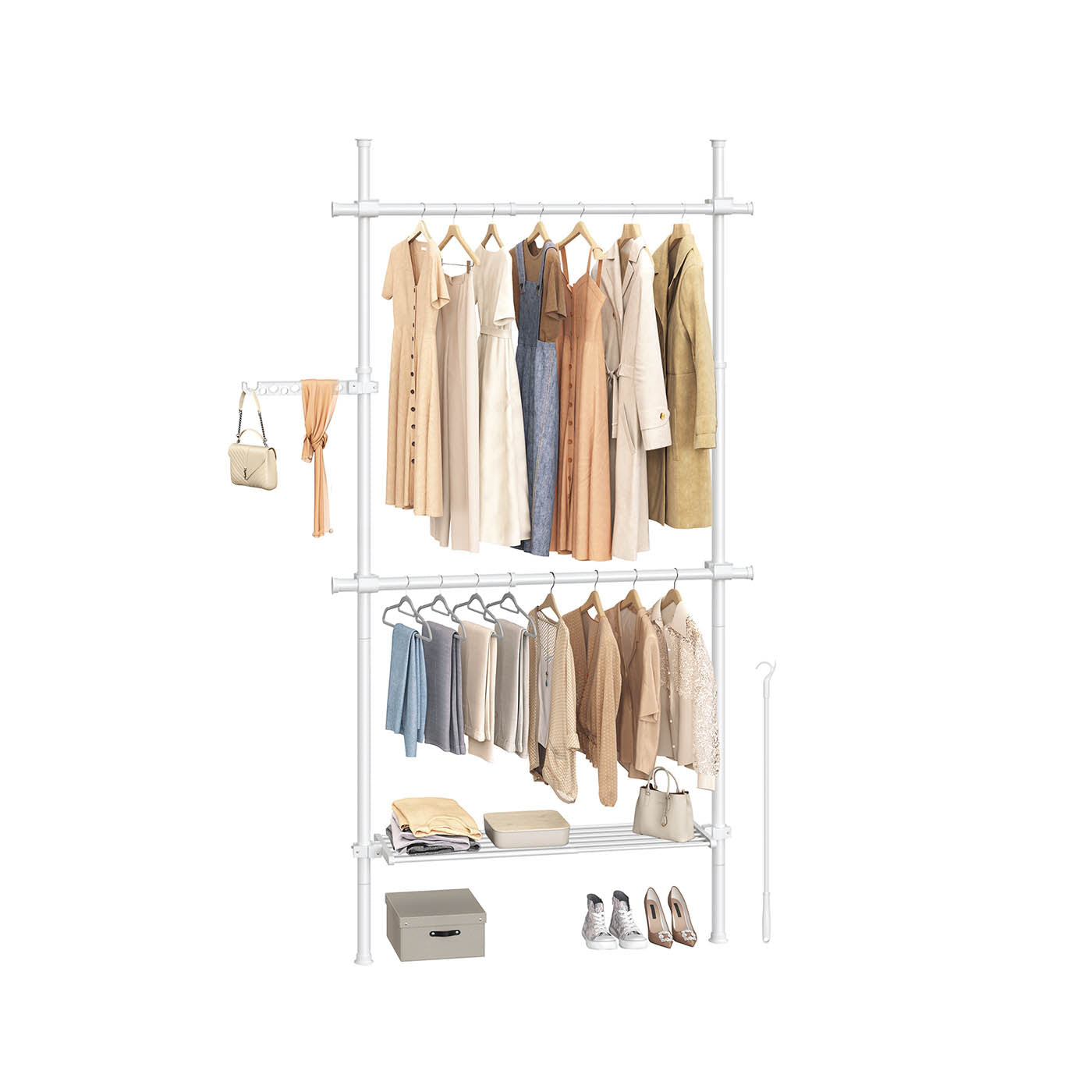 Floor to Ceiling Clothes Rail - 3-Tier Adjustable - Metal - Matte White - Organized and Accessible Storage