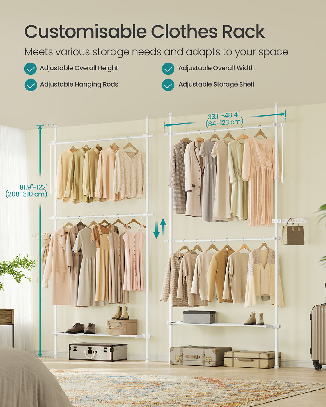 Floor to Ceiling Clothes Rail - 3-Tier Adjustable - Metal - Matte White - Organized and Accessible Storage