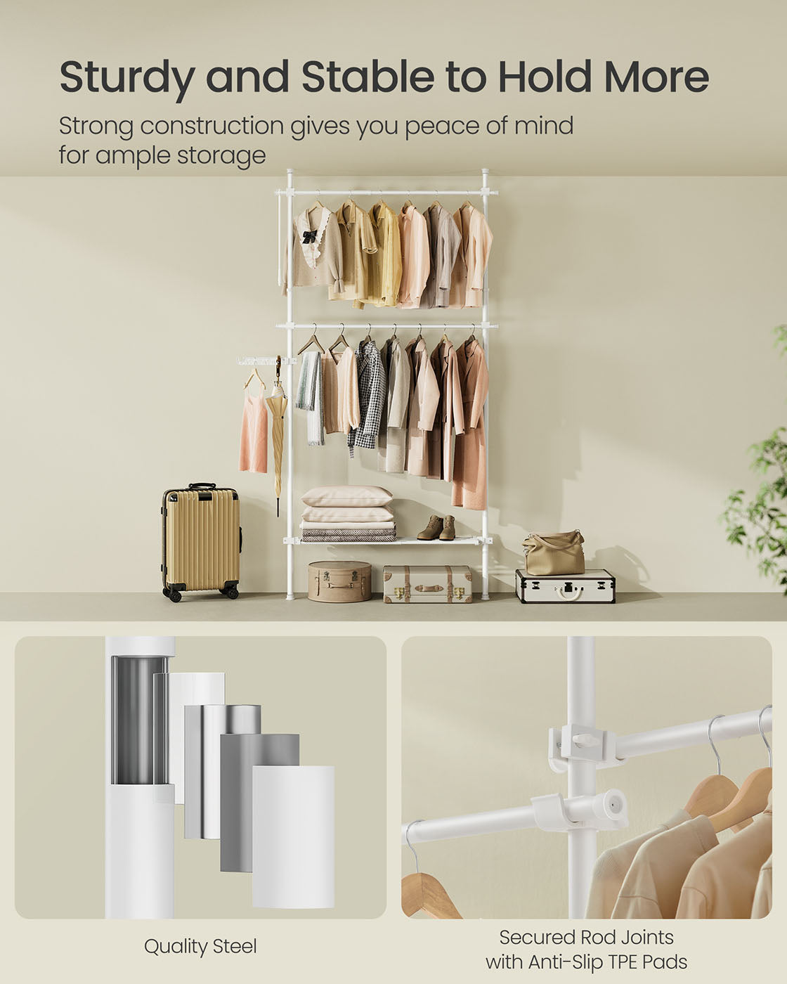 Floor to Ceiling Clothes Rail - 3-Tier Adjustable - Metal - Matte White - Organized and Accessible Storage