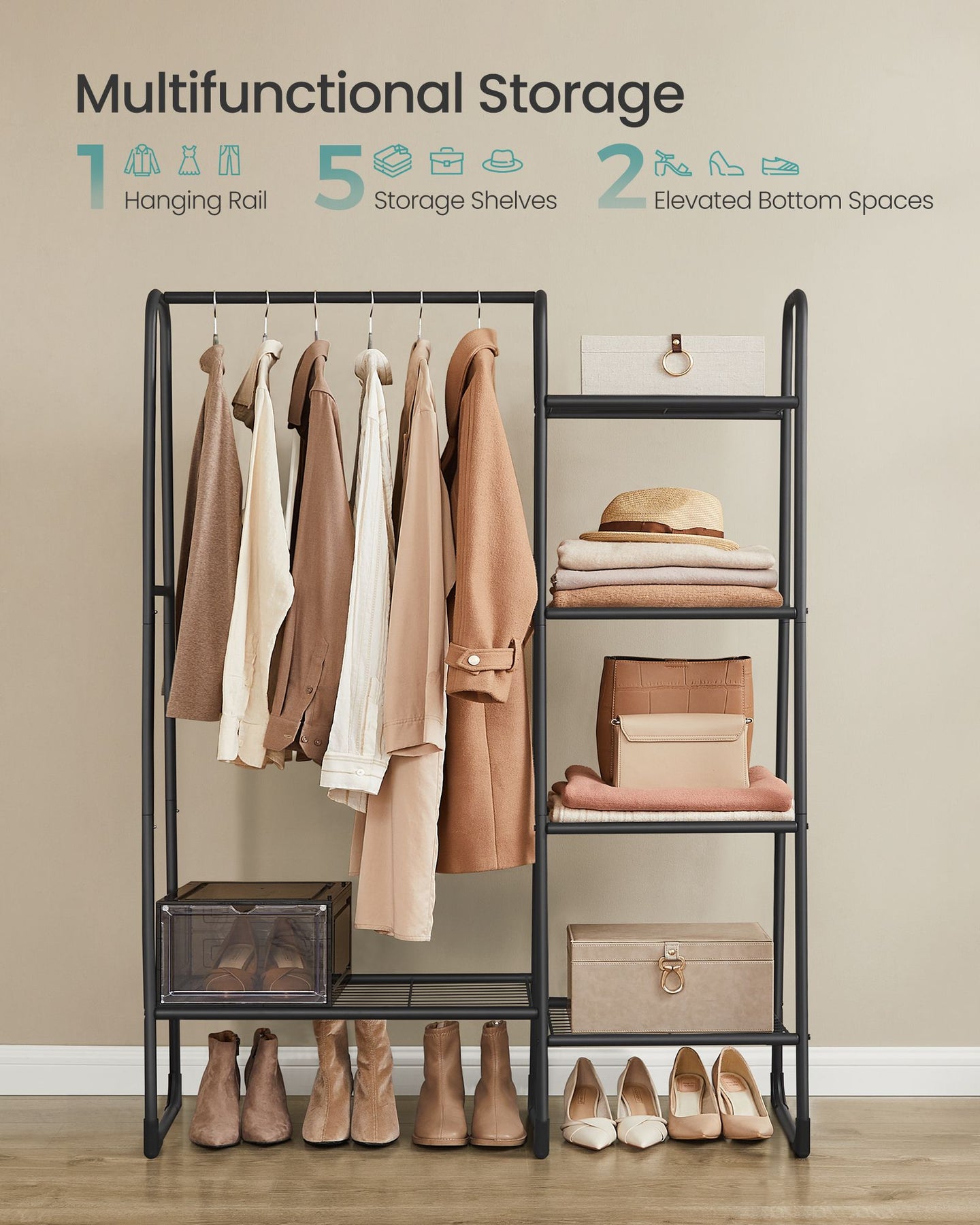 Freestanding Clothes Rack - 5 Storage Shelves - Metal - Matte Black